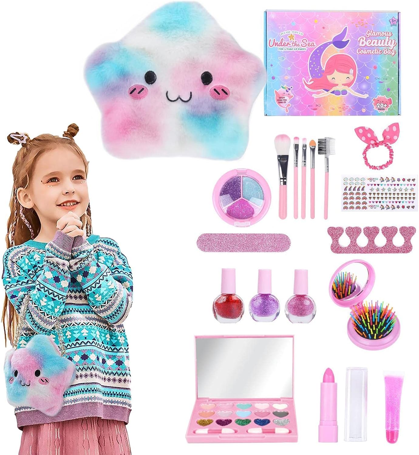 Pomrone 2 Pcs Maquillaje Infantil para Niña - Juguete de Maquillaje de fantasía,18 Uds. Maquillaje de imitación Lavable para niños pequeños, Maquillaje Falso portátil para Regalo de cumpleaños de
