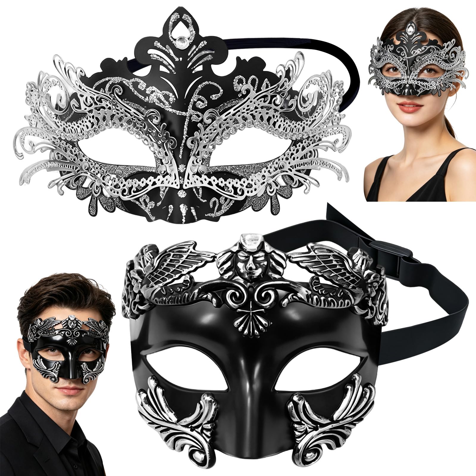 2Pcs Masquerade Mask for Men Women - Couples Studded Venetian Mask Set