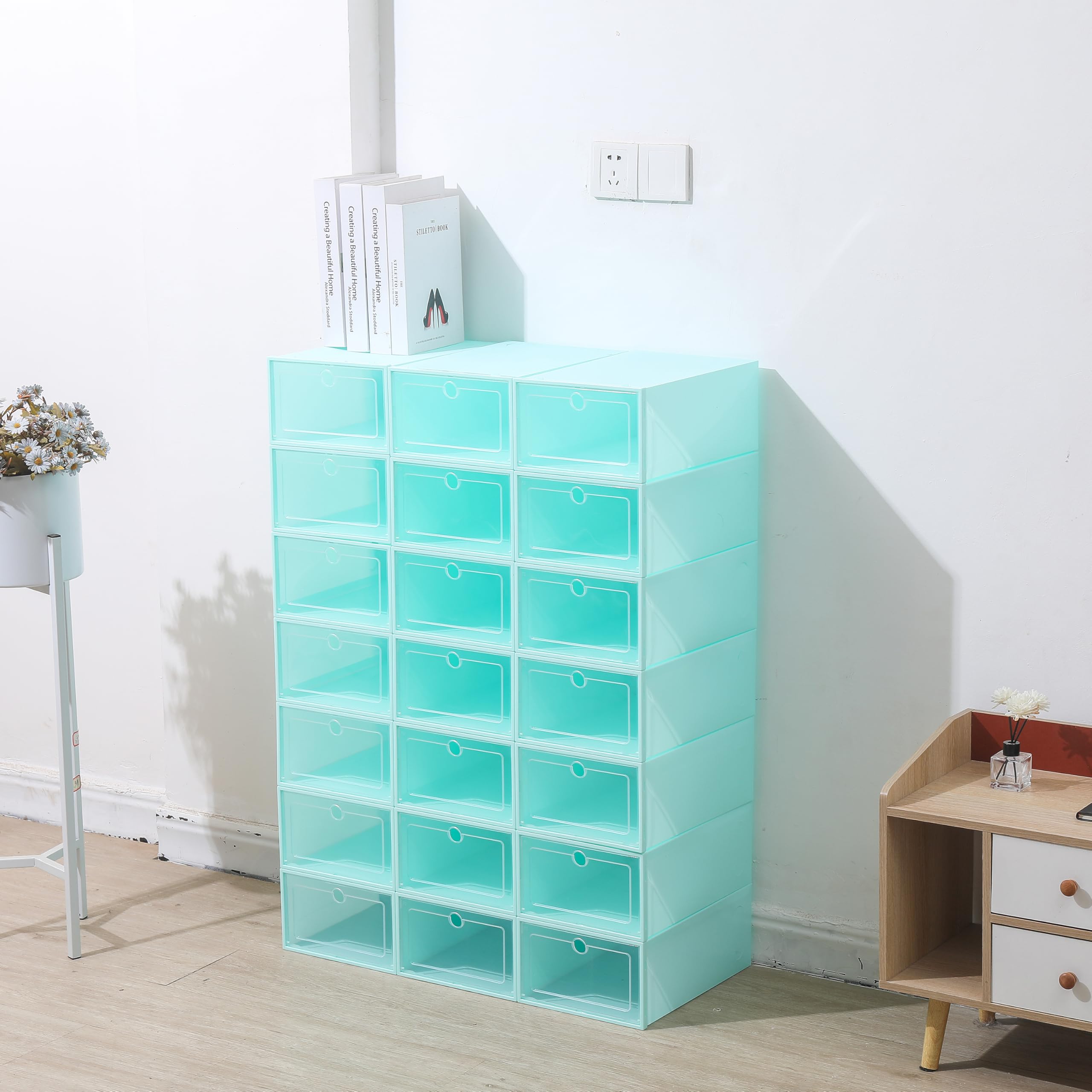 Juego de 24 cajas de zapatos de plástico, plegables y apilables, para zapatos de hasta la talla 44, ahorrarás mucho espacio de almacenamiento (verde esmeralda)