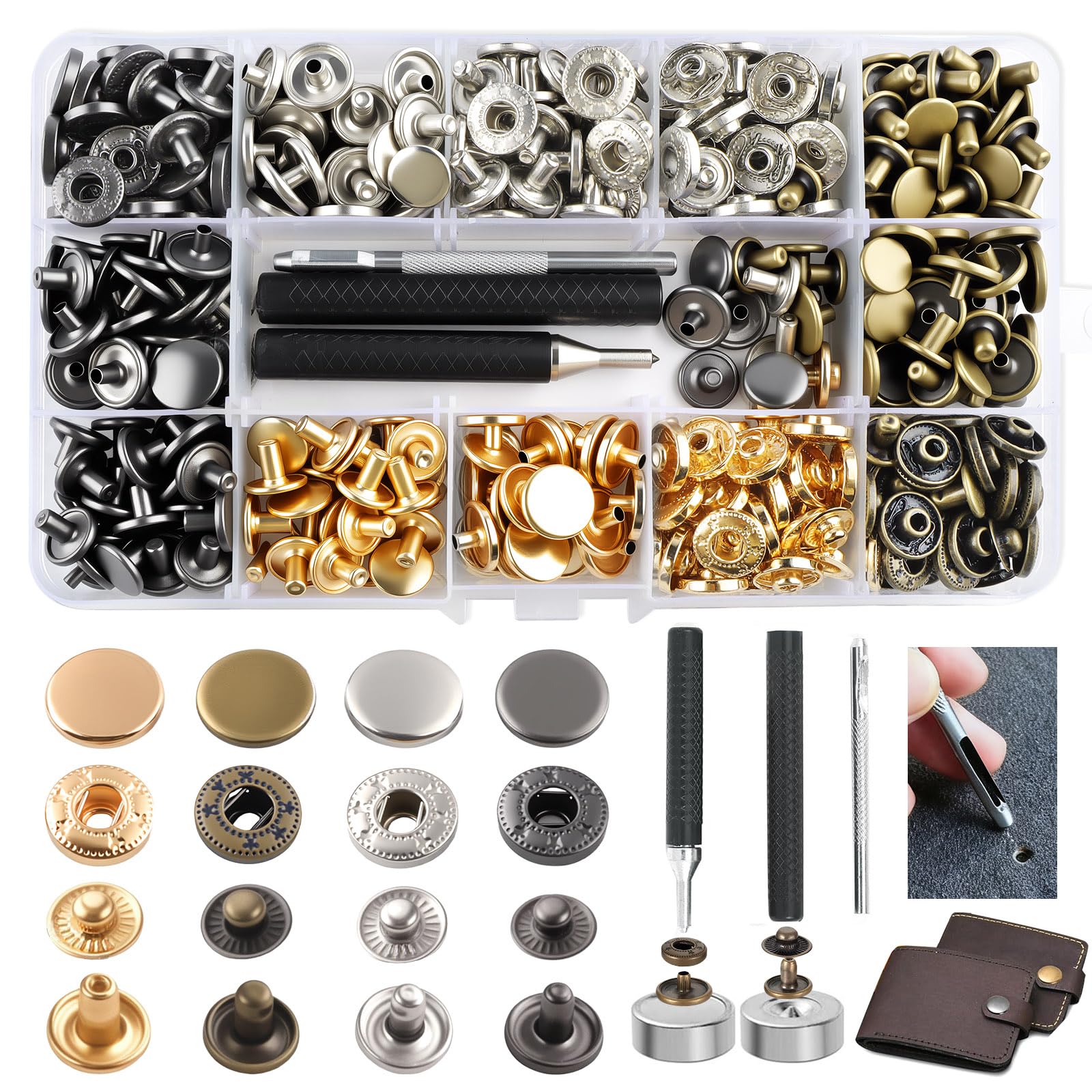 ComPDCVD 120Set Metal Snap Fasteners 12.5mm Snap Buttons Leather Rivets 4 Colors Automatic Buttons Metal Snap Button Tool Kit for Clothes Jeans Bags Leather Craft