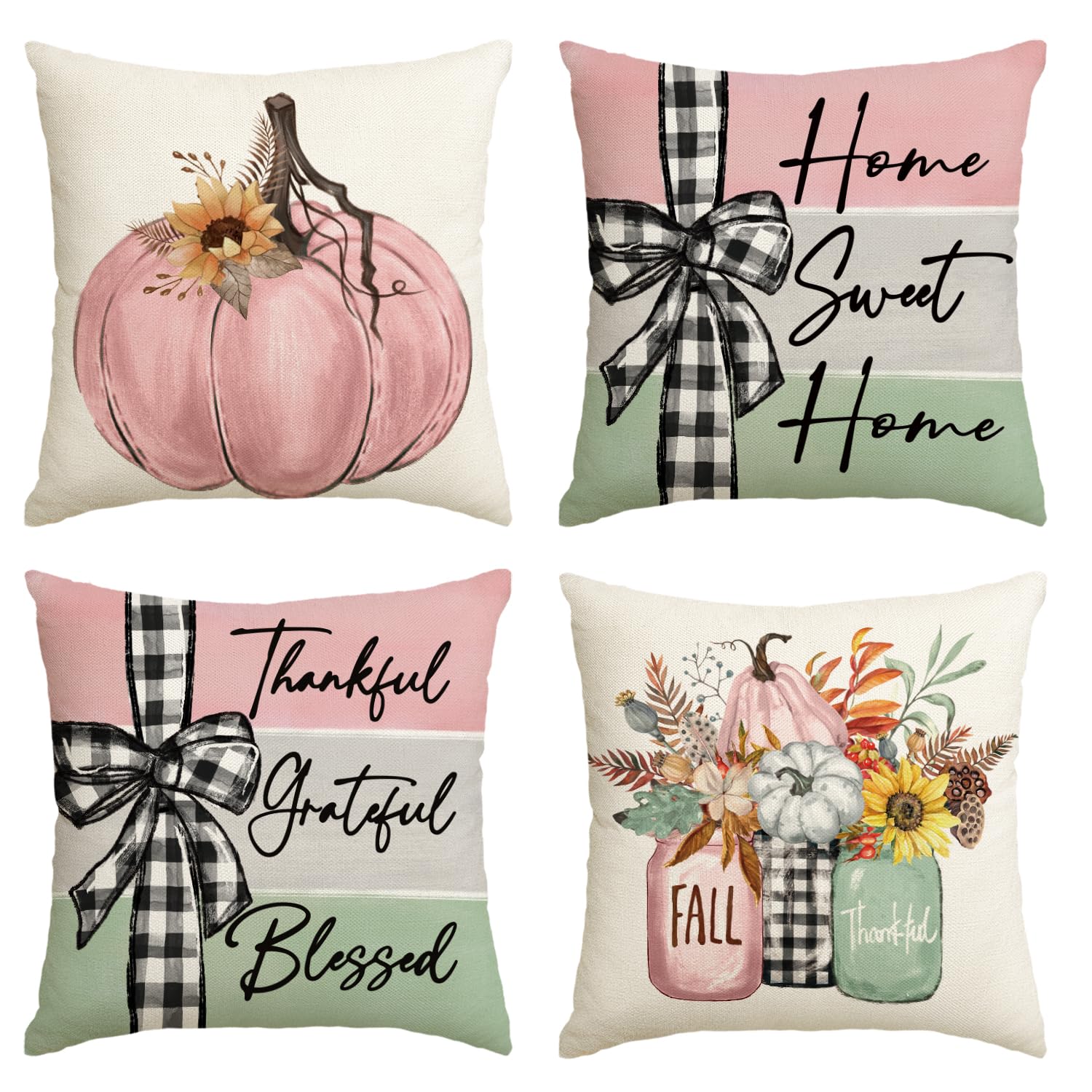 Housse de coussin d'automne 45x45 motif citrouille rose lot de 4 décoration canapé salon