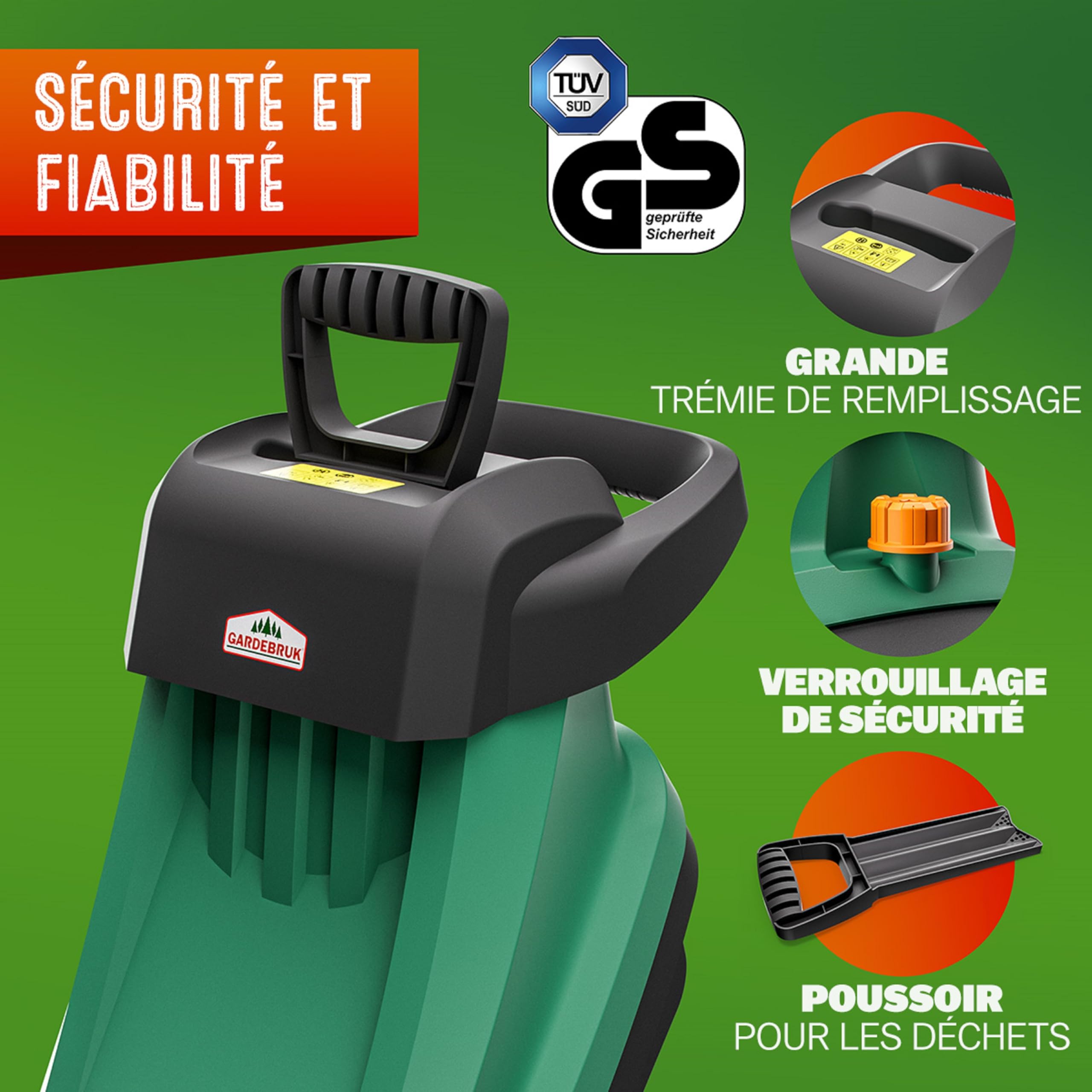 GARDEBRUK® Broyeur de végétaux électrique 2.400W broyeur de Branches Couteau Lame Max. 45mm bac 2X 50L broyeur de Jardin déchiqueteur Bois Compost Jardin