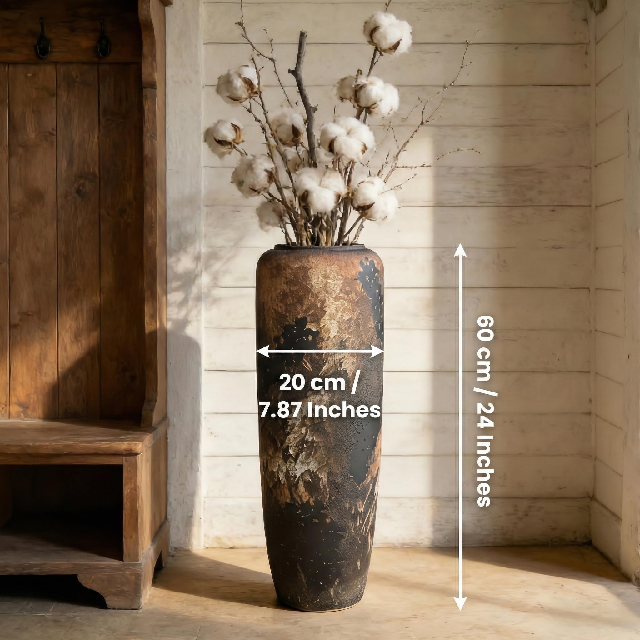 Vintage Keramik Schwarz Bodenvase, 60cm, Rustikaler Boho Stil für Pampasgras, Blumen oder Dekor, Perfekt für Wohnzimmer, Eingang oder Tisch