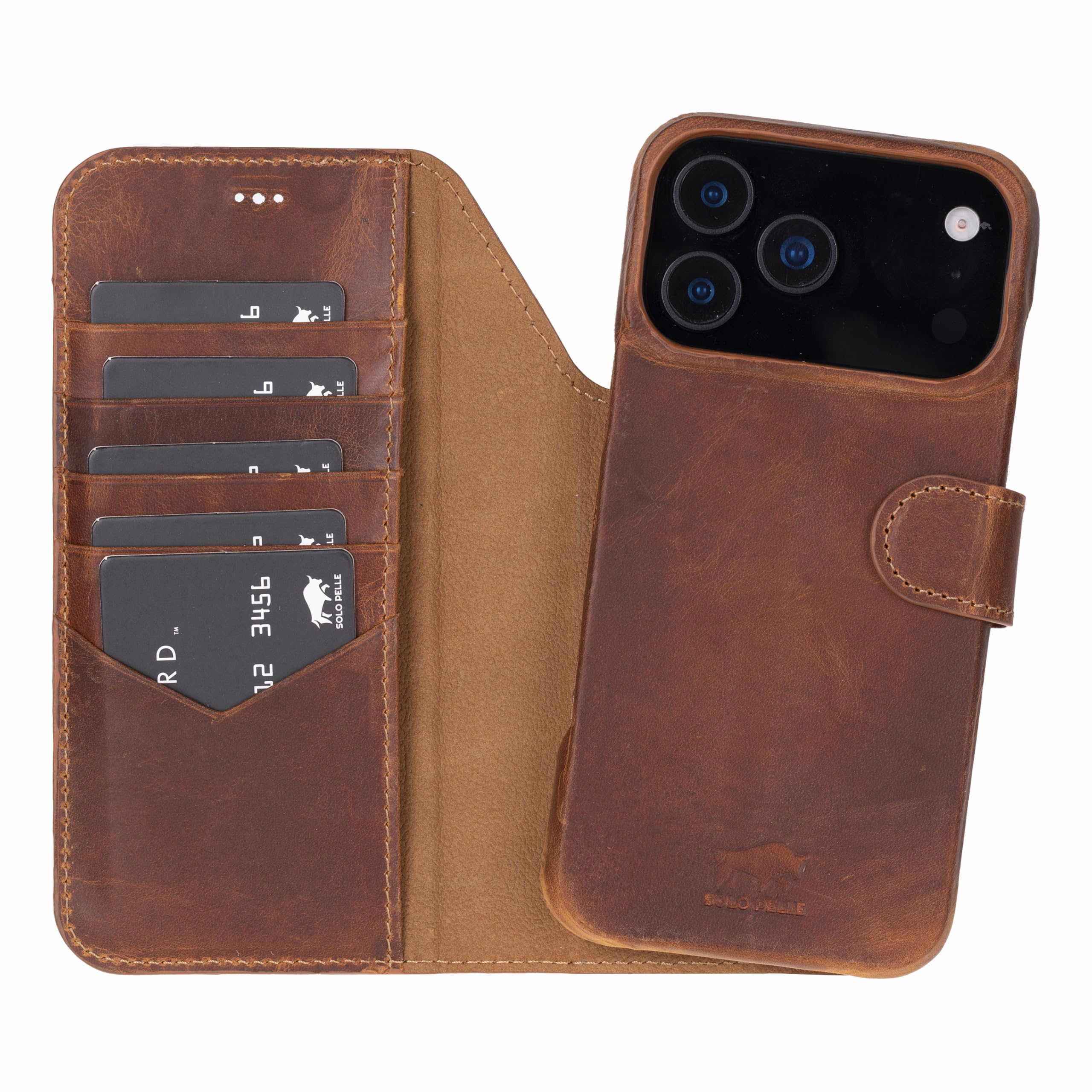 Solo Pelle Lederhülle kompatibel für iPhone 17 Pro Max in 6.9 Zoll abnehmbare Hülle (2in1) inkl. Kartenfächer geeignet für MagSafe Zubehör (Camelbraun)
