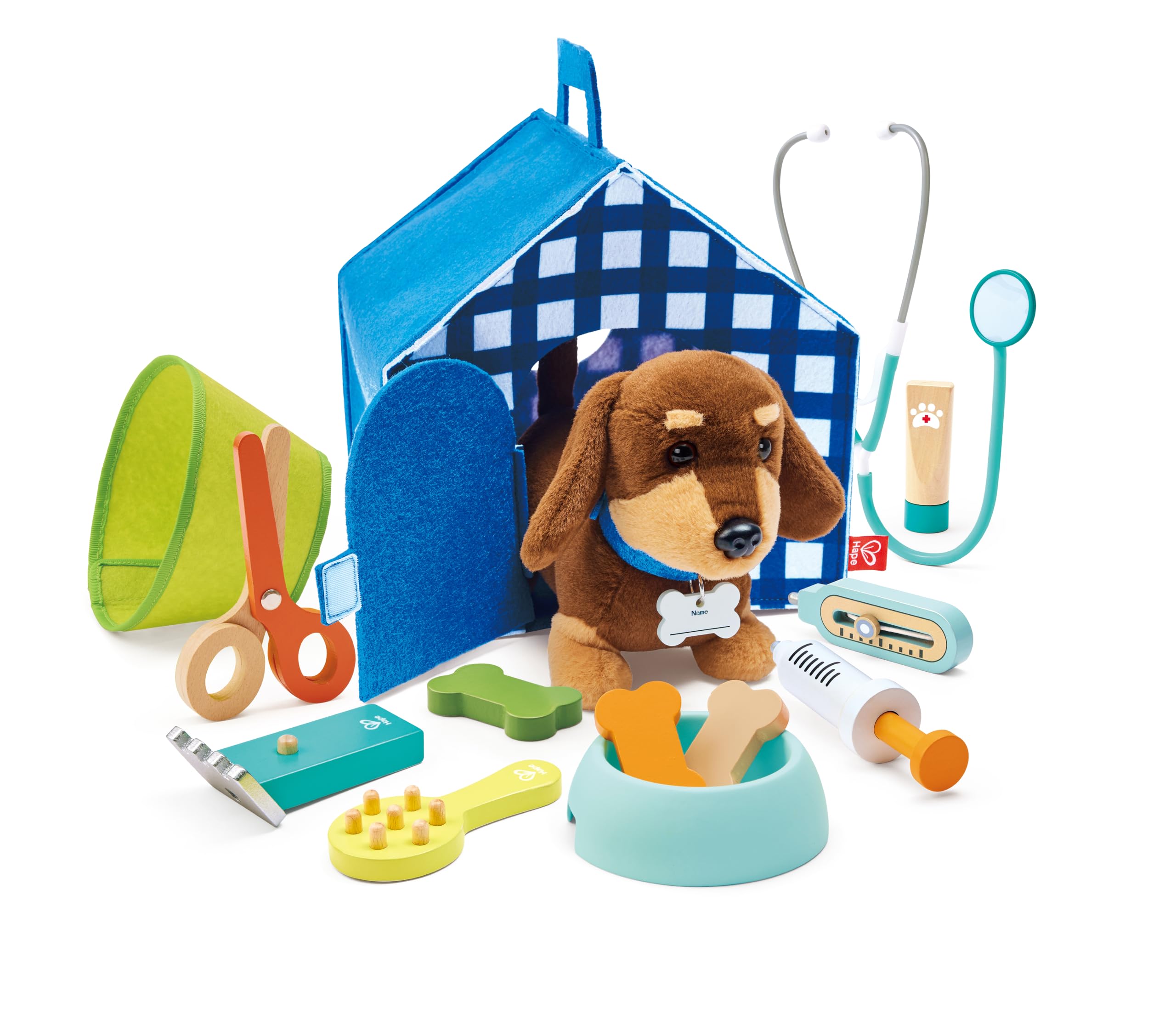 Hape electronic puppy with vet tools and portable doghouse