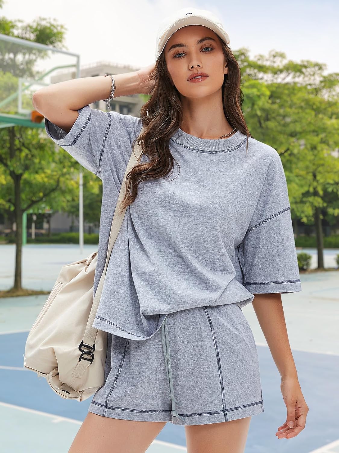 EXLURA Women's Casual Summer 2 Piece Sets 100% Cotton Short Sleeve Tshirt and Shorts Matching Sweatsuits Lounge Set 2026 - Image 3