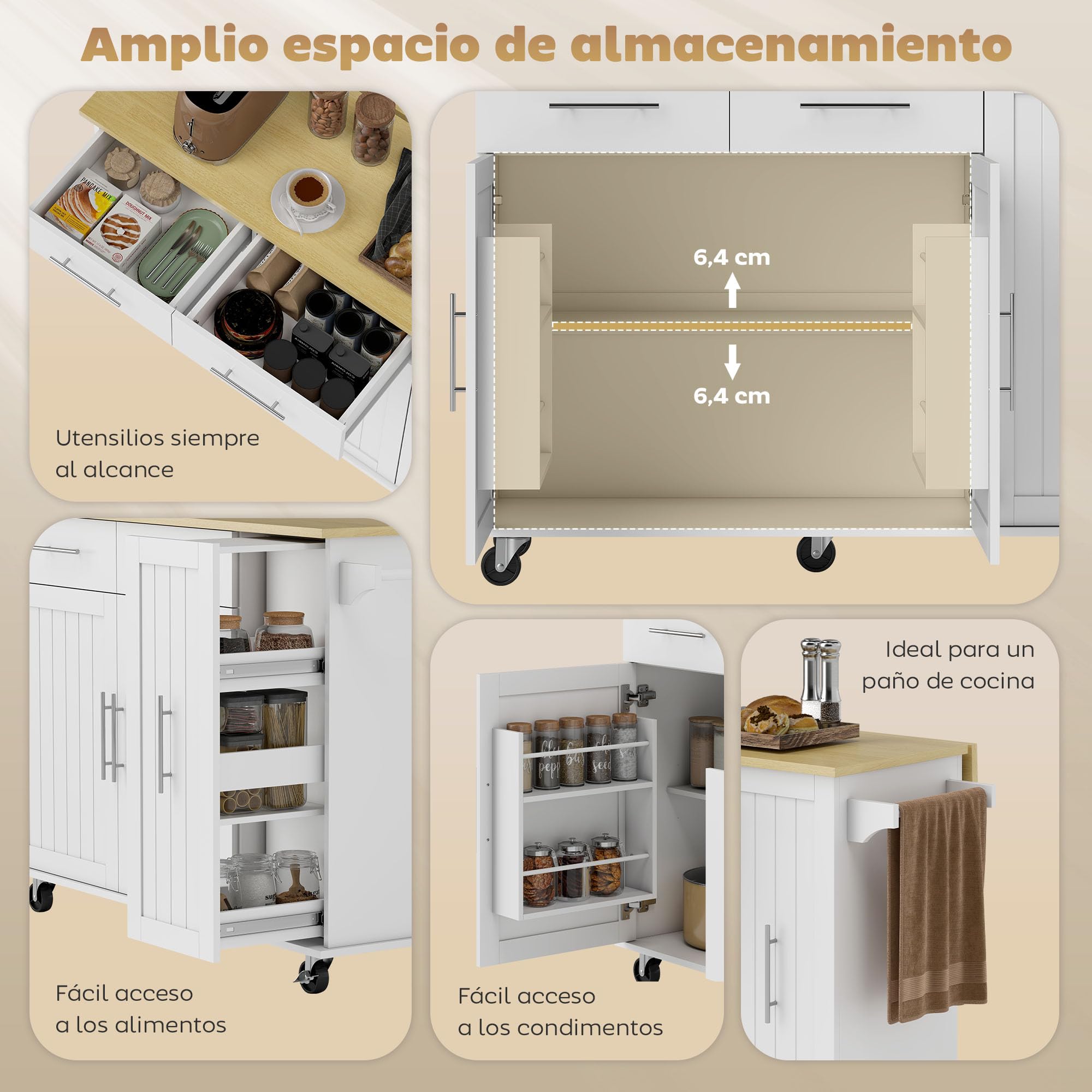 HOMCOM Isla de Cocina con Ruedas Encimera Plegable Carro de Cocina Blanco
