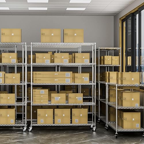 Miniatura 17 de Estantería de alambre de metal NSF de 5 niveles con capacidad de 7500 libras, estante de almacenamiento ajustable resistente con ruedas y Negro