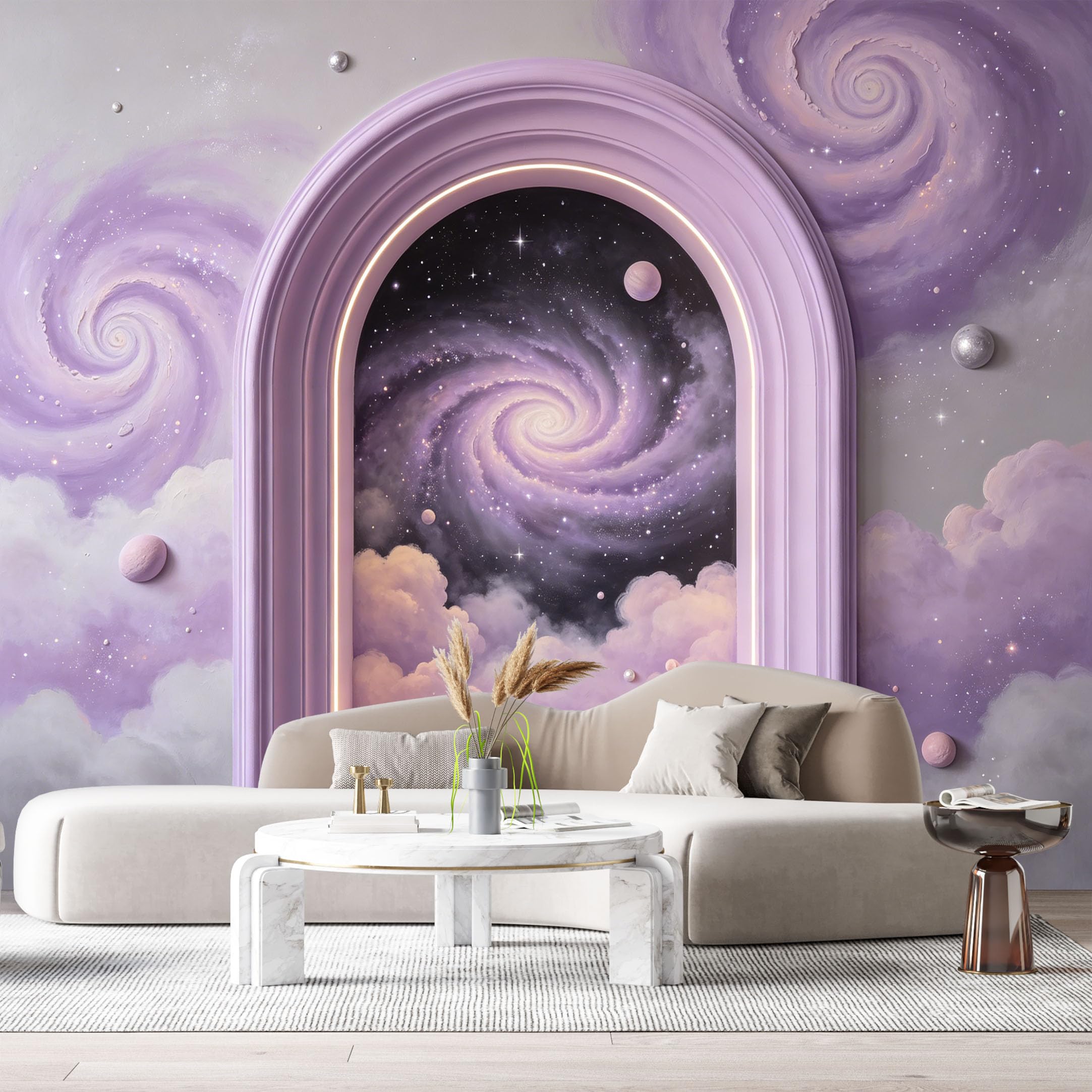 Custom Size Wall Murals Purple Galaxy Planet Arch Window 3D Trompe L'Oeil SelfAdhesiveWall Fabric Removable Wallpaper Wall Decor for Living Room Bedroom Bathroom