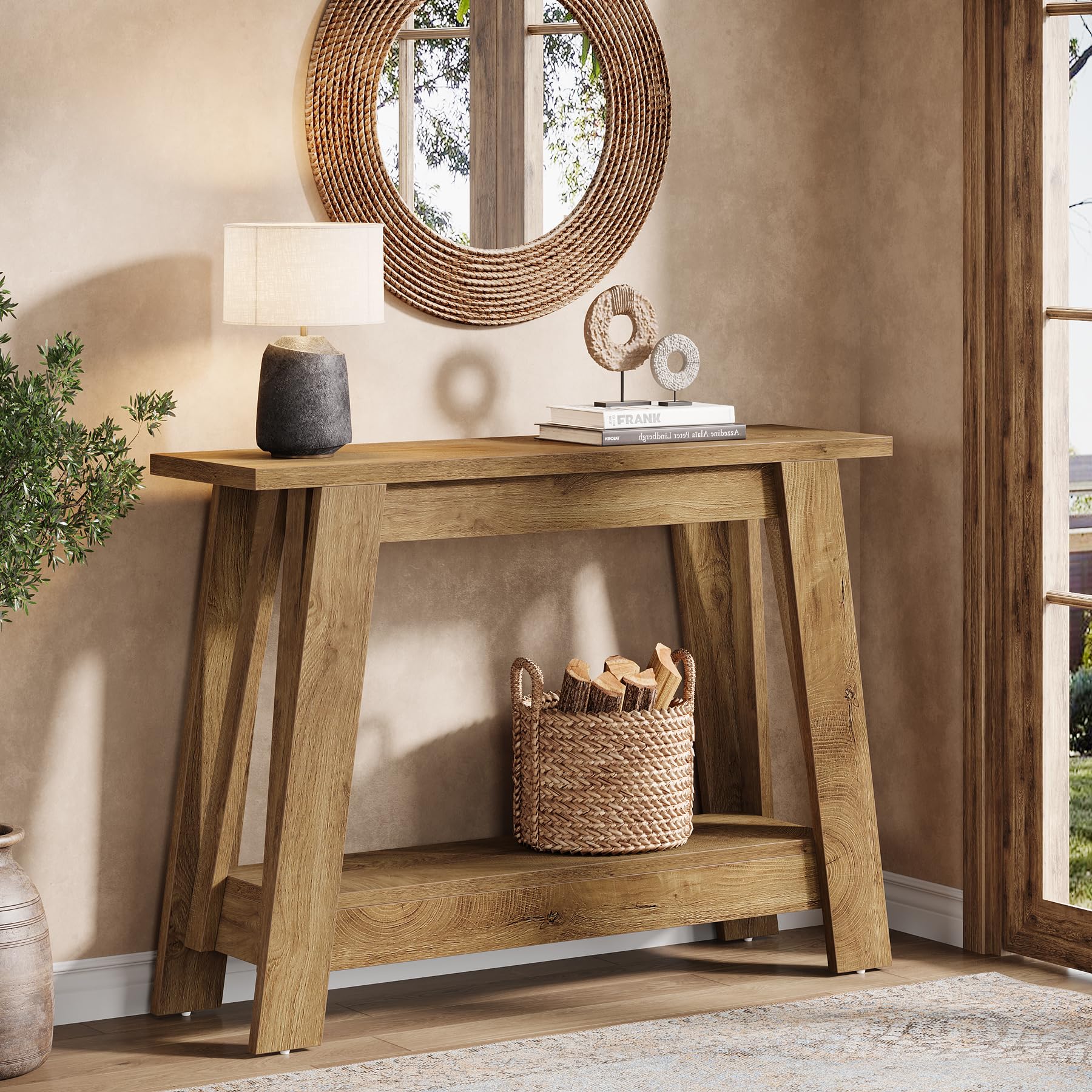 Tribesigns Farmhouse Console Table 105cm, 2-Tier Entryway Table with Storage, Rustic Narrow Behind Couch for Living Room, Hallway, Foyer, Natural