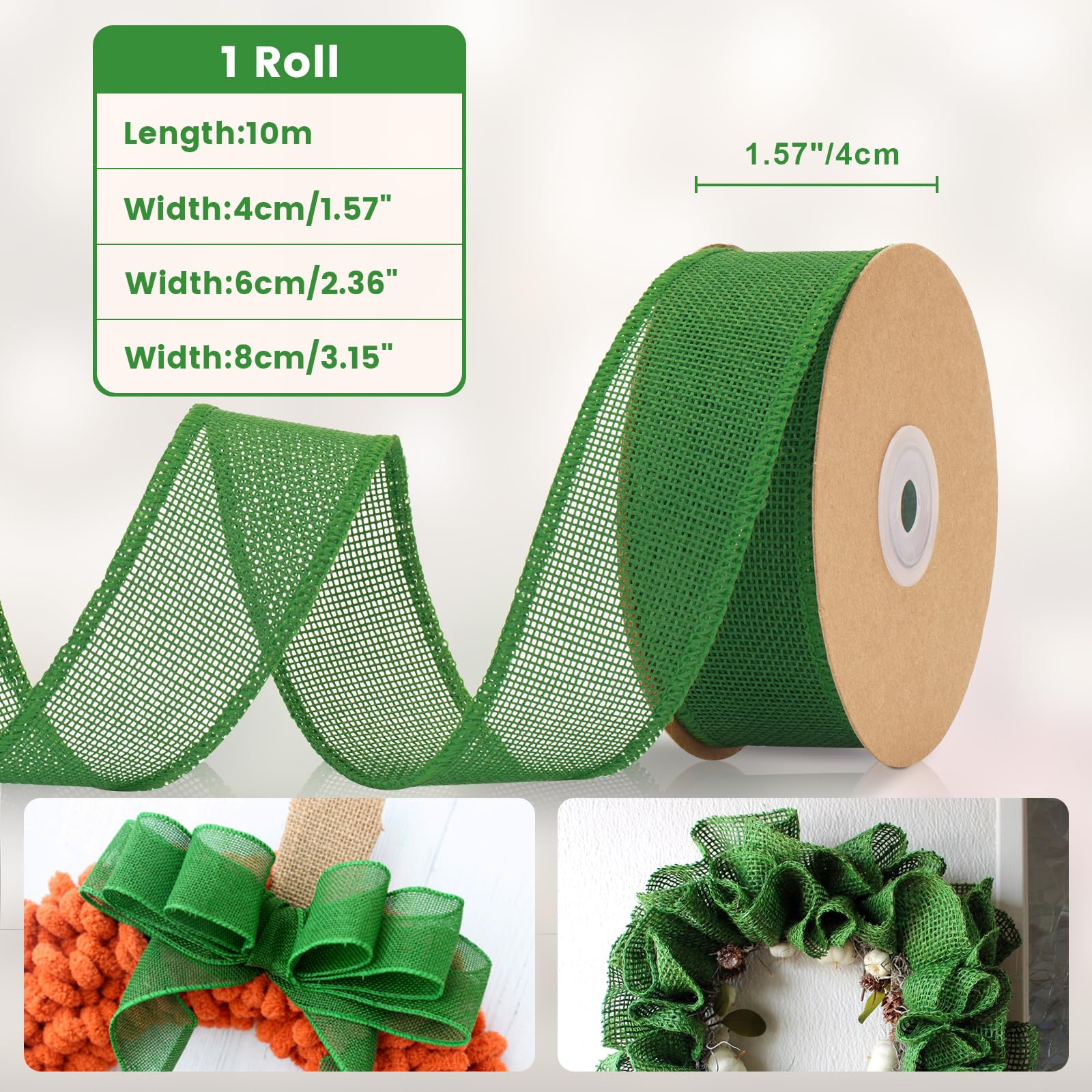 jijAcraft 4CM Green Wired Burlap Ribbon: 10m Wired Hessian Ribbon Roll Natural Hessian Ribbons Rustic Jute Burlap Ribbons for Gift Wrapping Bows - Image 2