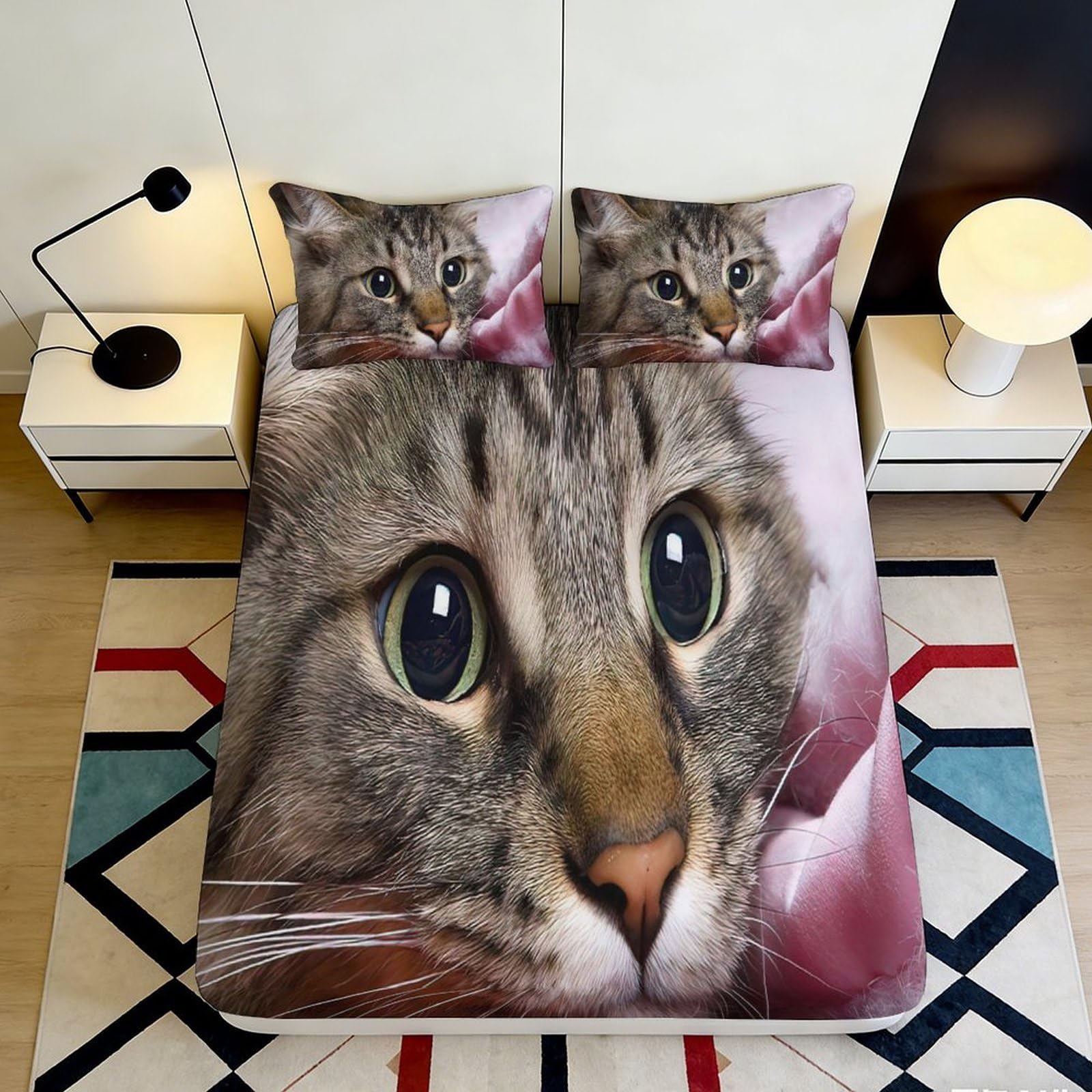 3D Printed Realistic Cat Face Fitted Sheet Microfiber Soft Breathable Kitten Eyes Mattress Cover for Bedroom Dorm Decor 90x200x25cm