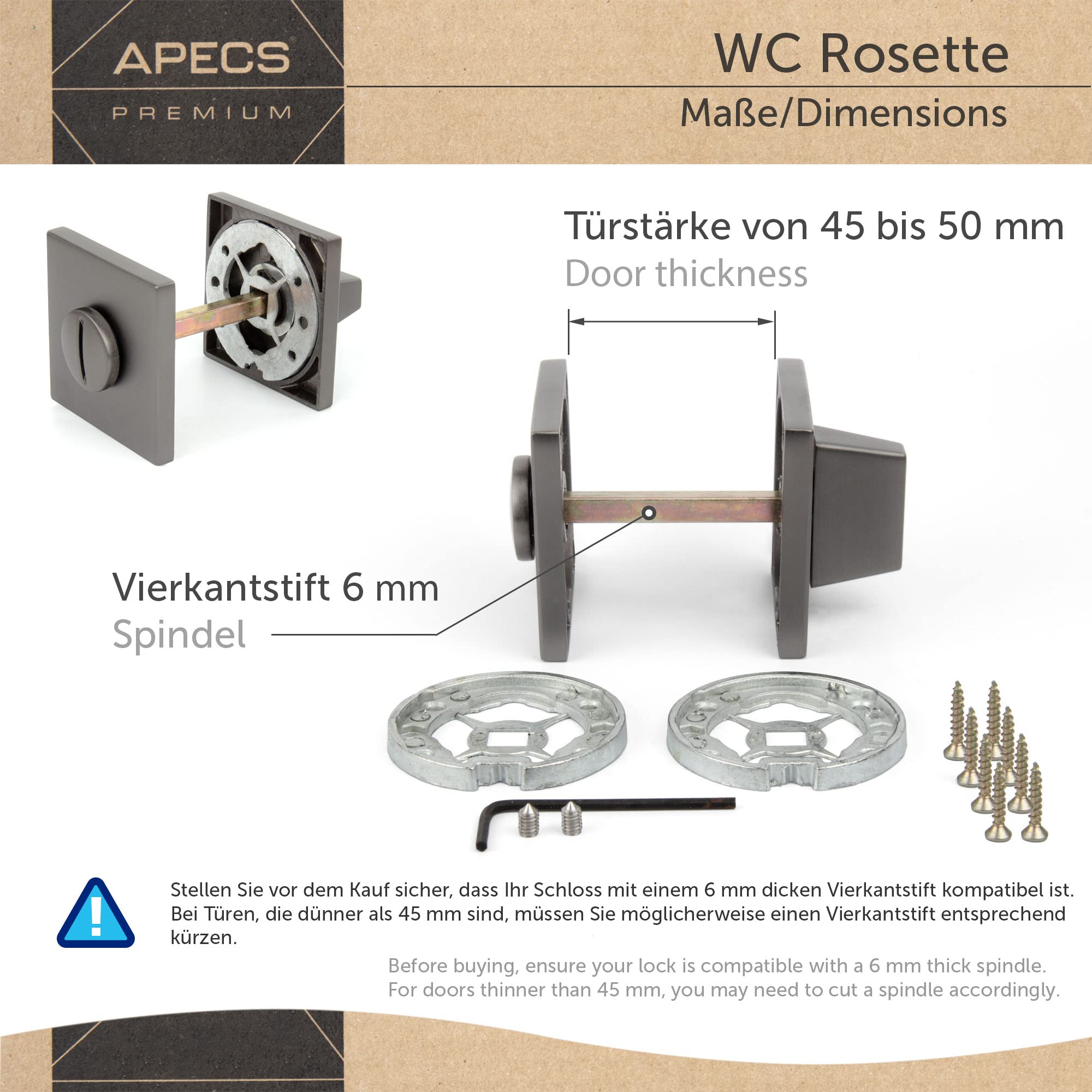 APECS Maniglia per porte interne, nera opaca, moderna, per porta di casa e interna, con rosette quadrate, con materiale di fissaggio, modello ELECTRA WC – bagno