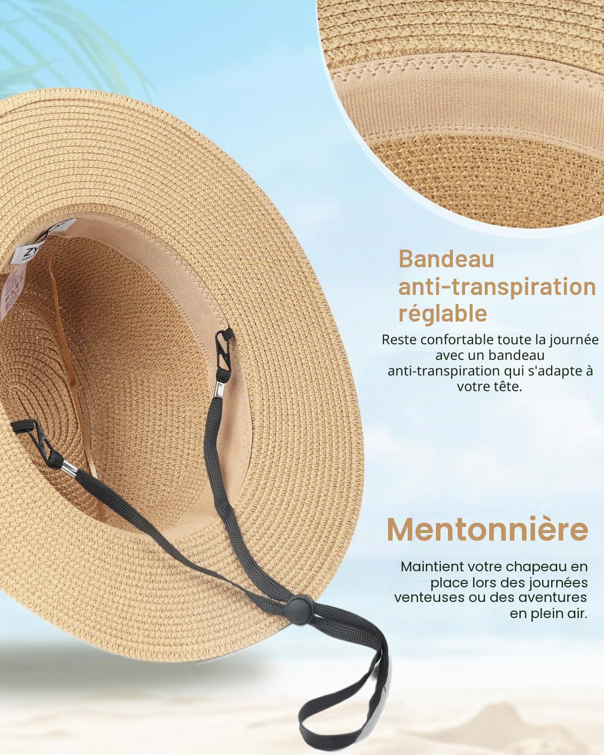 Zylioo S/M/L/XL/XXL Grand Chapeau Paille Panama Été Femme Homme Chapeau de Soleil Large Bord Beach Chapeaus