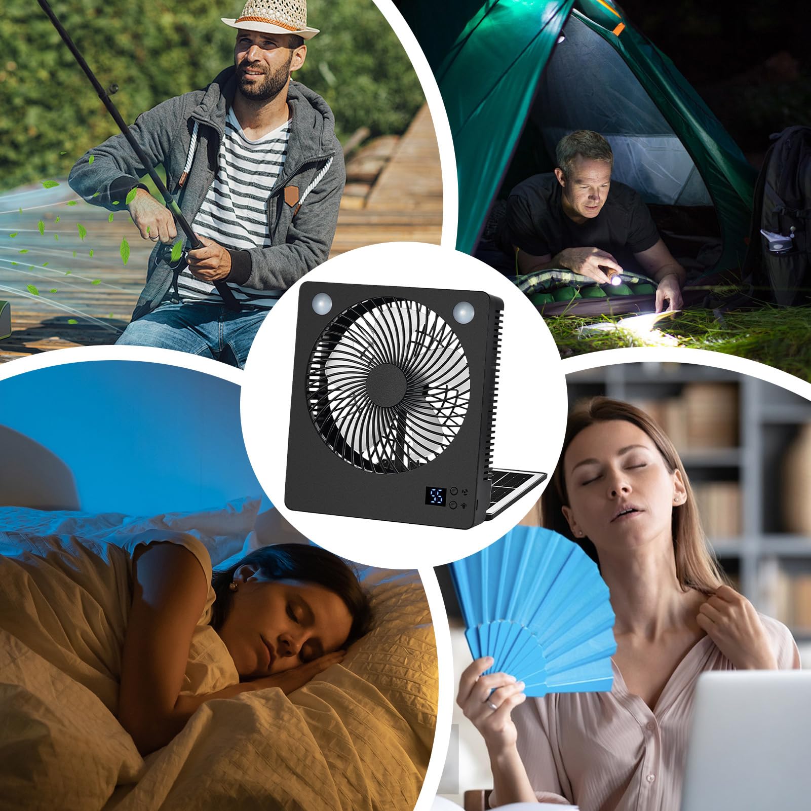 Ventilateur à énergie solaire rechargeable à batterie 3 vitesses LED