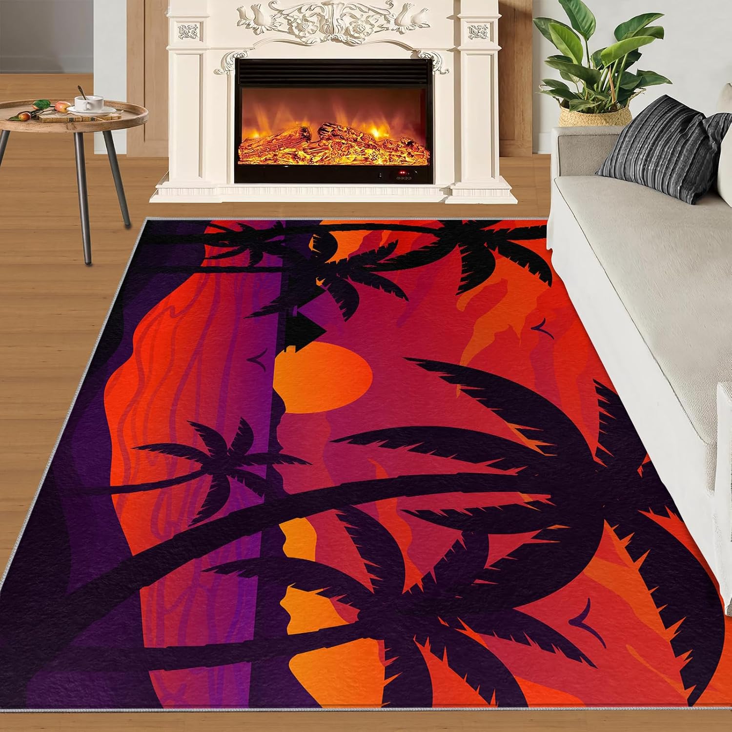 Sunset Scenery Area Rug, Painting Style Island Coconut Tree Indoor Non Slip Print Rugs, Soft Machine Washable Carpet for Living Room Bedroom Kitchen Dining Room Home Office Mat - 2 ft x 3 ft