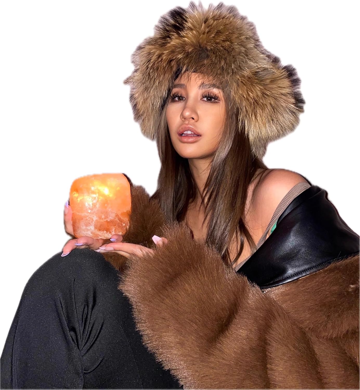 Women's Winter Warm Furry Hat with Fluffy Big Real Raccoon Fur Natural Color Ear Protection Hats