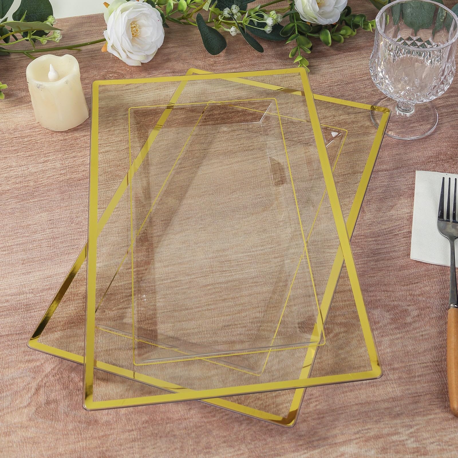 Efavormart 10 Pack Clear Rectangular Plastic Serving Trays with Gold Rim, Disposable Appetizer Snack Party Platters - 13"x8"
