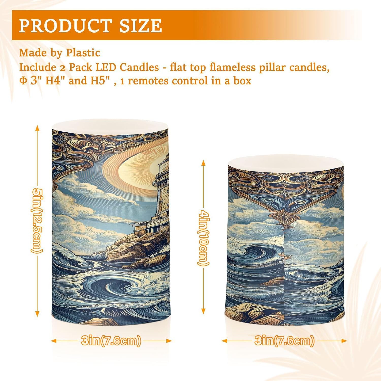 ALAZA Sea Wave Lighthouse Flickering Flameless Candles Pillar Led Candles Battery Operated Candles with Remote and Timers Set of 2