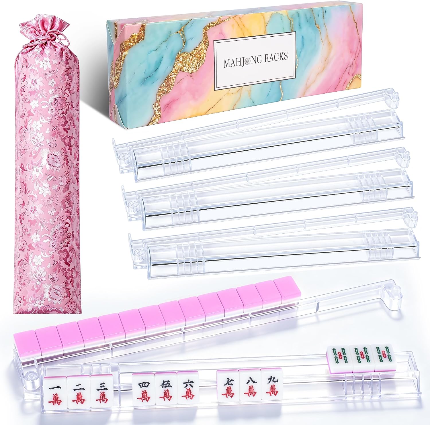 Non-Slip Mahjong Racks with Pushers, 4-Pack Clear Acrylic Tile Holders for American Mahjong, Includes Travel Storage Bag & Gift Box, Ideal for Game Night, Group Play & Women Mahjong-Lovers Gift Giving