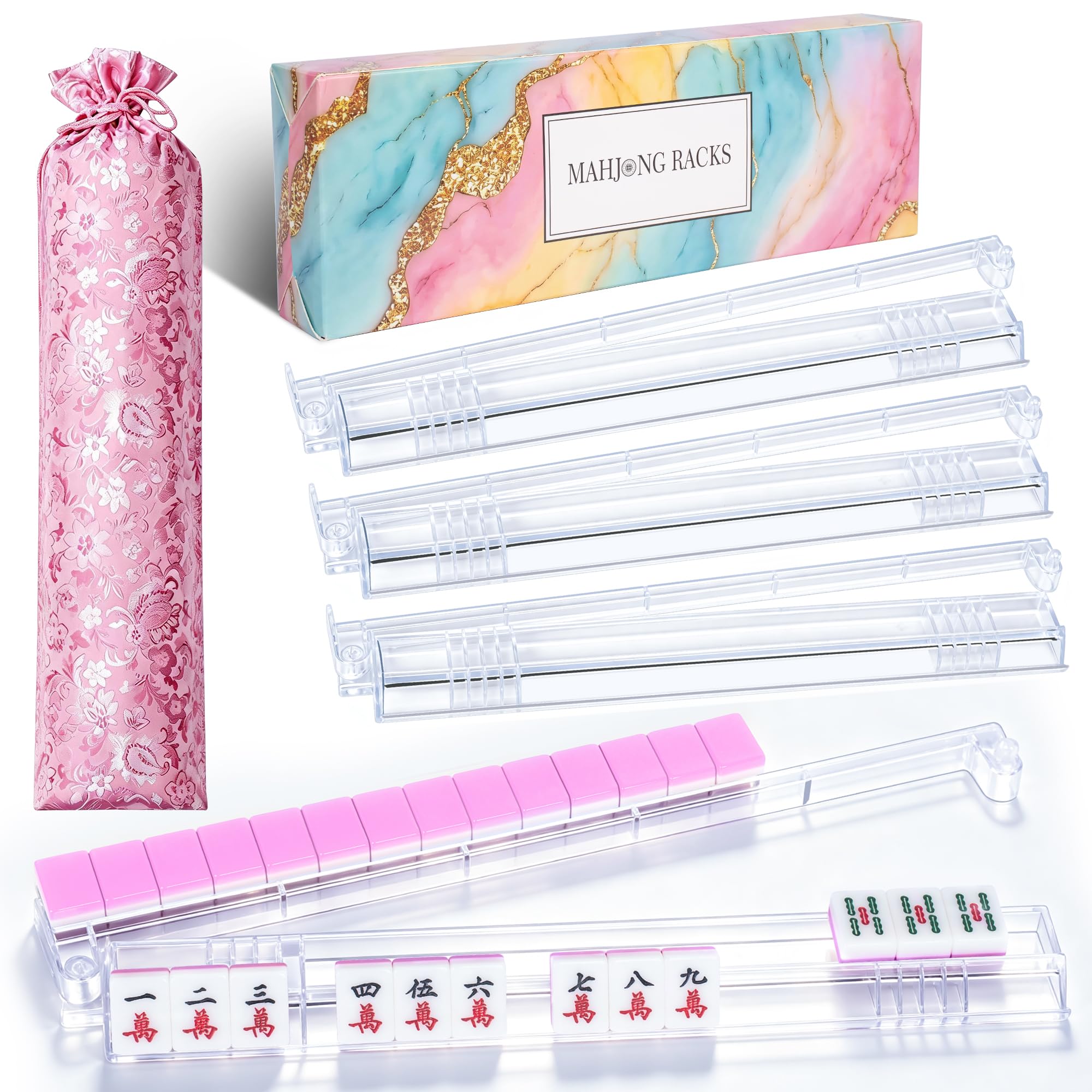 View 1 of ** one is broken, help with painters tape**Non-Slip Mahjong Racks with Pushers, 4-Pack Clear Acrylic Tile Holders for American Mahjong, Includes Travel Storage Bag & Gift Box, Ideal for Game Night, Group Play & Women Mahjong-Lovers Gift Giving