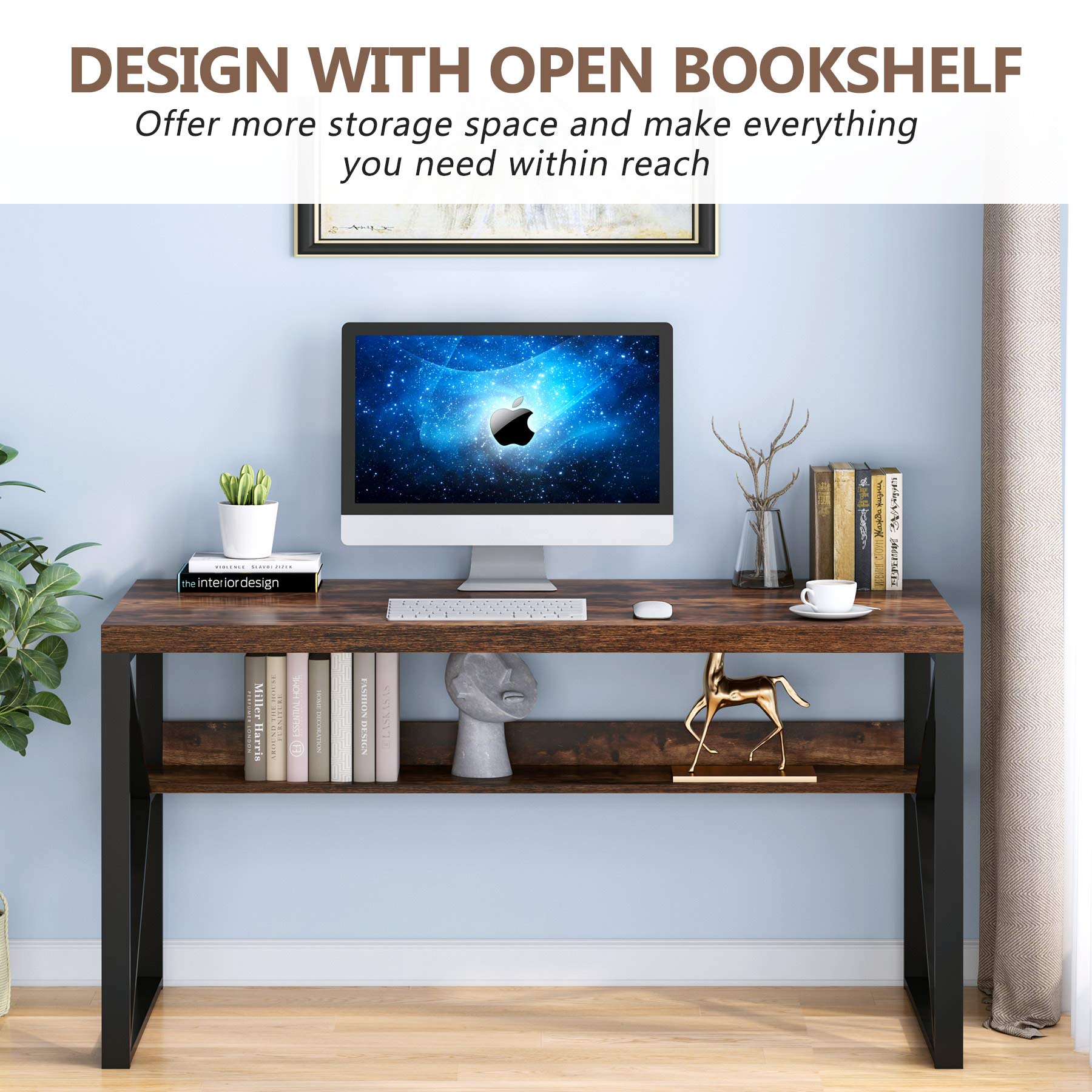 Tribesigns Computer Desk with Shelf, 55 inch Vintage Industrial Study