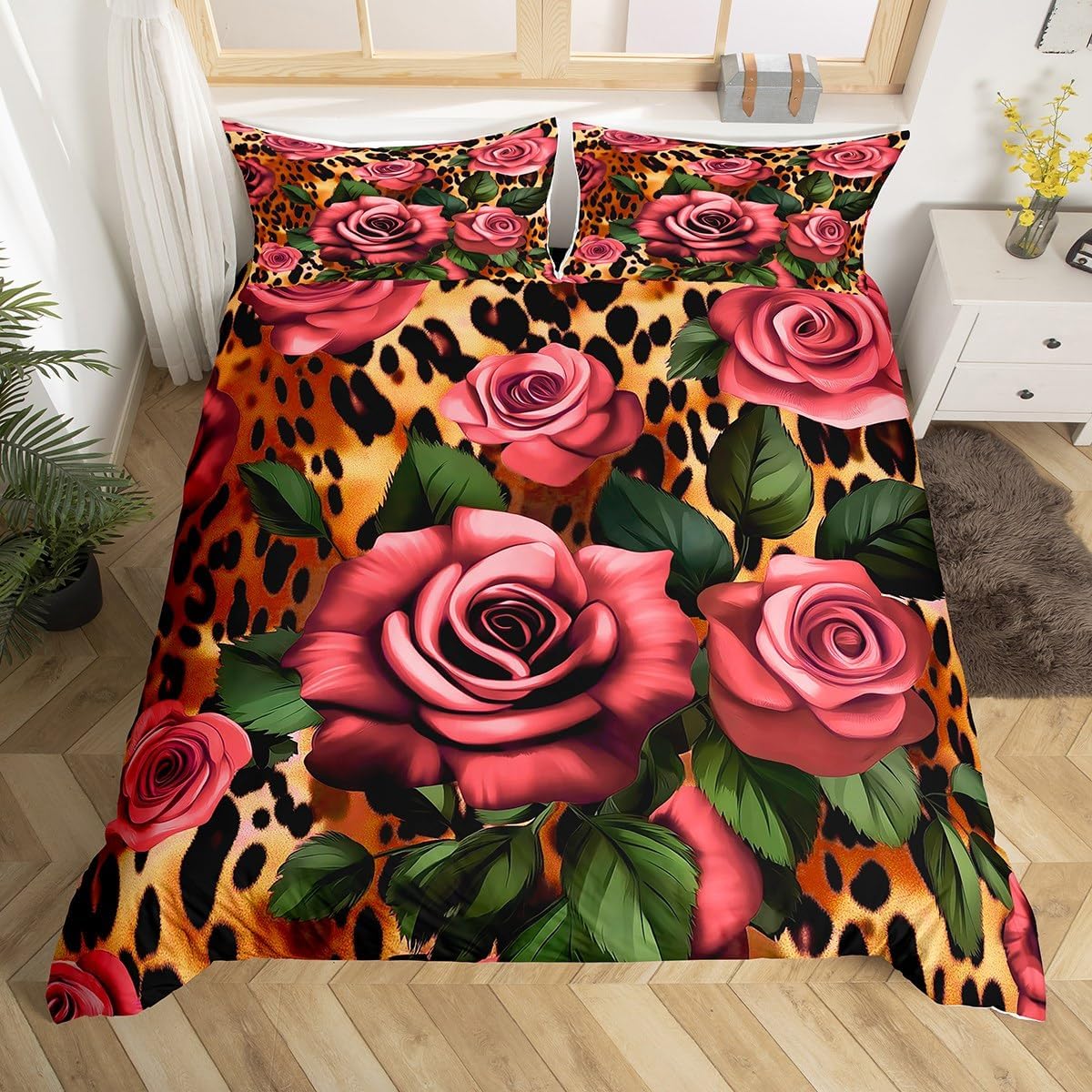 jejeloiu Cheetah Print Bedding Set Toddler Size Leopard Comforter Cover for Kids Teens Adults Sunset Duvet Cover 3D Animal Printed Room Decor 2Pcs with 1 Pillow Case Zipper All Season Soft