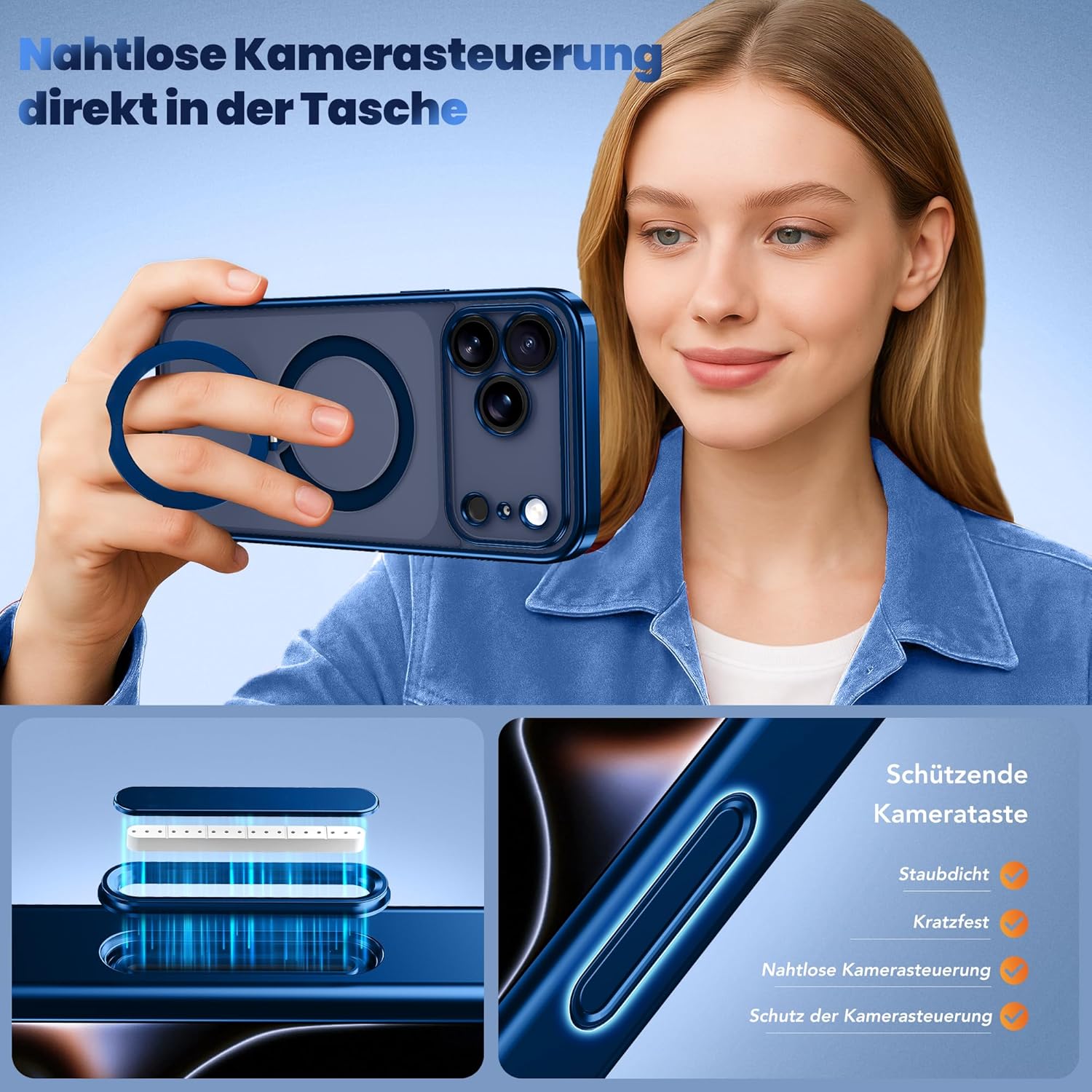 GolbinBox for iPhone 17 Pro Max Case with 360° Spin Magnetic Stand,[Compatible with Magsafe] [Military Protection][Built-in Ring Holder] Camera Control Phone Case for 17 Pro Max,Deep Blue/Clear - Image 6