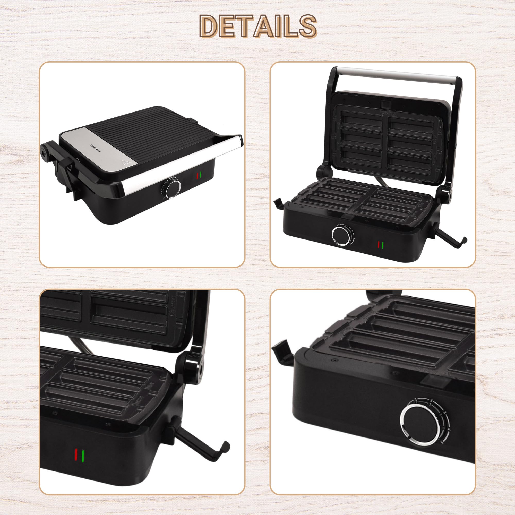 Syntrox Churros Kombigerät Multifunktionsmaker mit Wechselplatten, Kontaktgrill Edelstahl, Multifunktions Sandwichmaker, mit austauschbaren Platten, multifunktionales Küchengerät