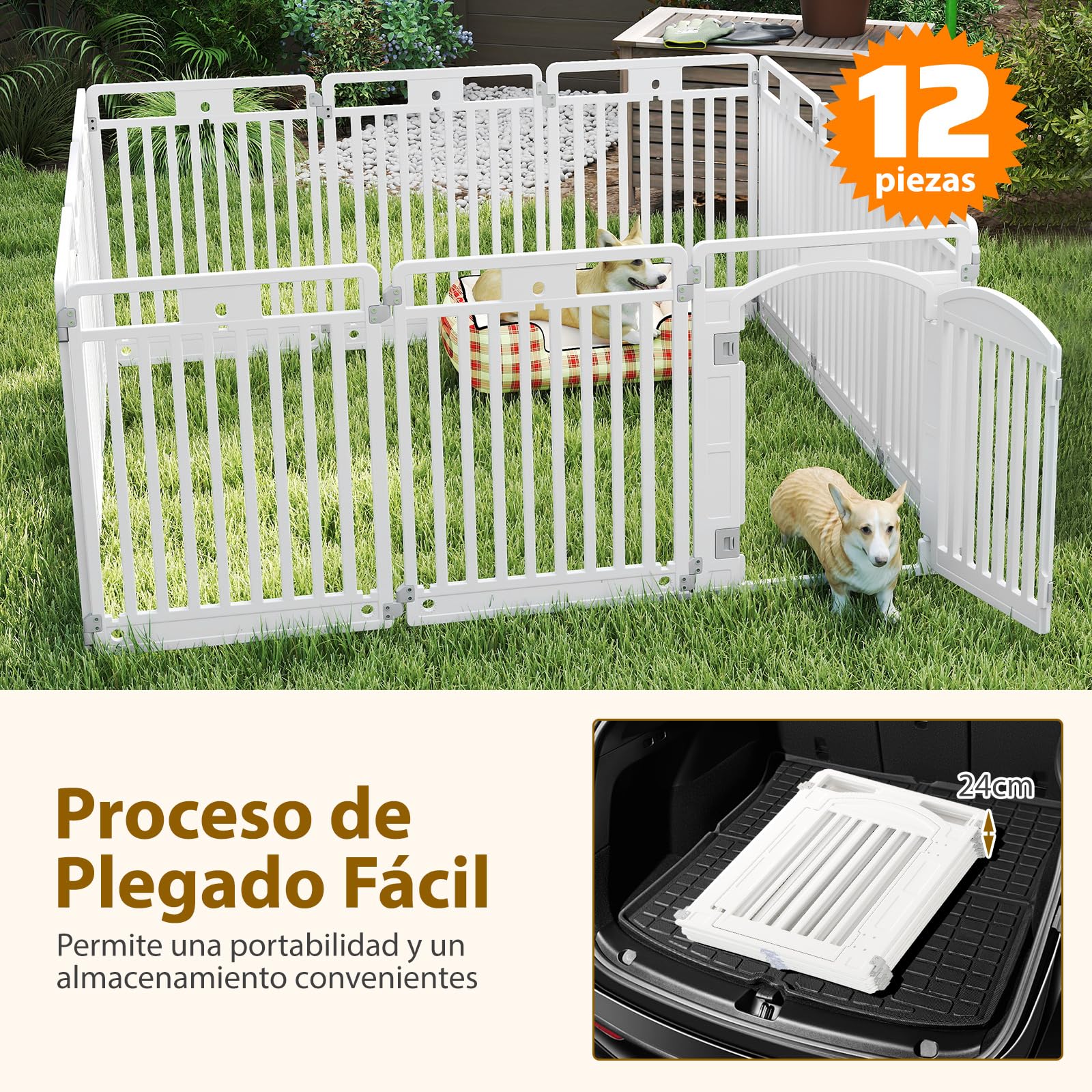 COSTWAY Corral de Mascotas de 6/12 Paneles, Valla Plegable de 81 cm con Puerta de Cierre Seguro, Estacas y Ventosas, Ideal para Perros Pequeños y Medianos, Interior y Exterior, Blanco