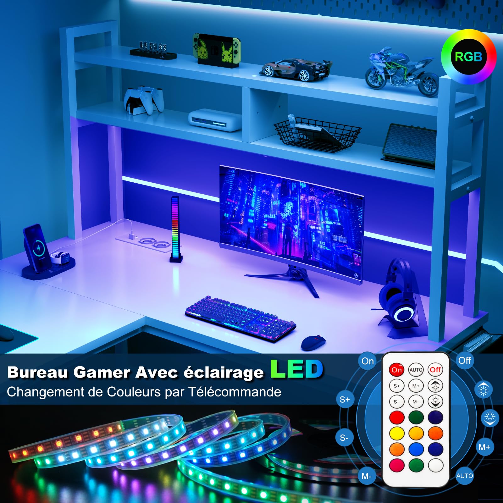 Devoko Bureau Gaming avec LED 160 x 120 cm, Bureau d'angle Gaming avec 2 Prises de Courant et 2 Ports USB, Bureau Informatique avec Etageres de Rangement, Structure en Acier, Blanc