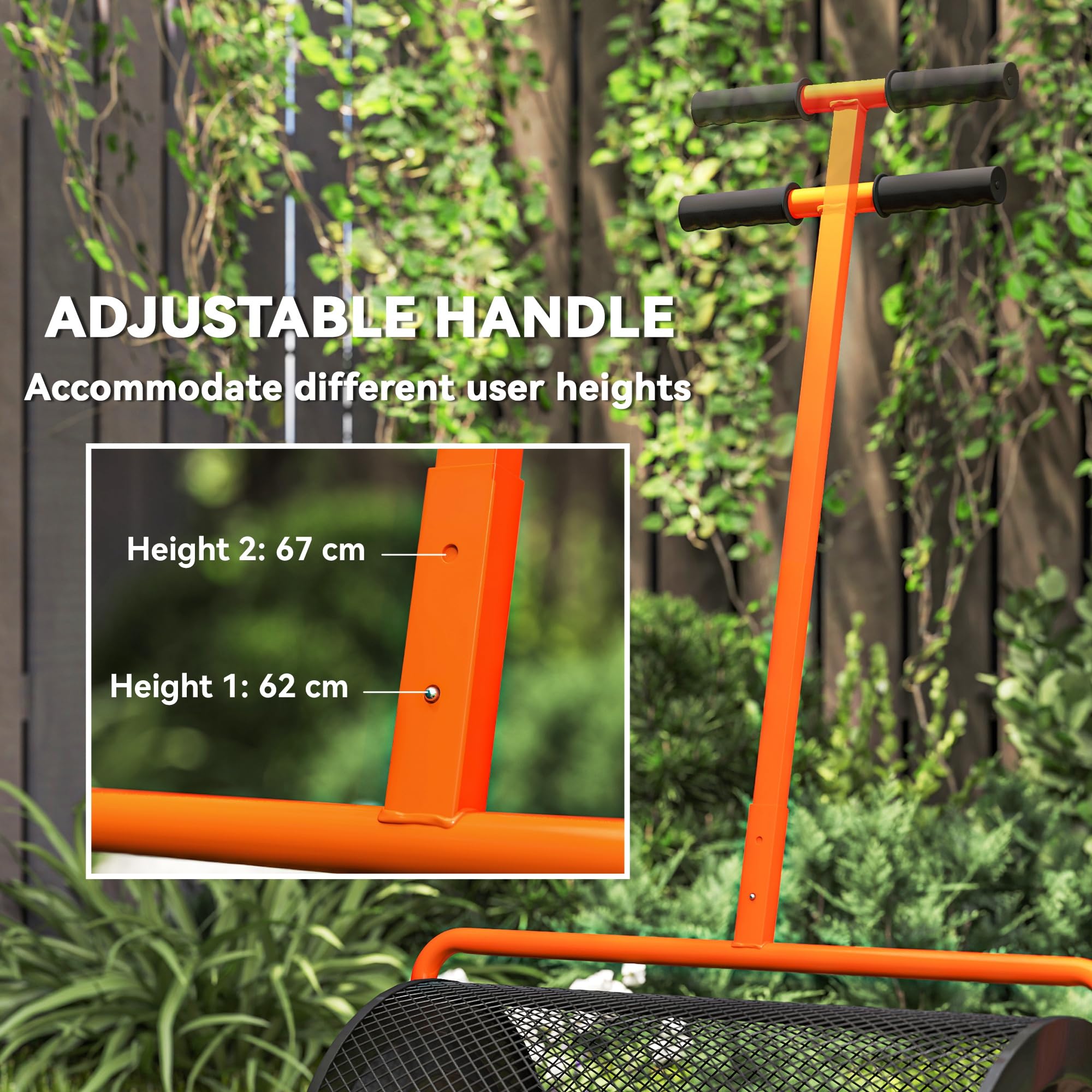 Outsunny Esparcidor de compost, 61 cm de altura ajustable, mango en forma de T, color naranja | Esparcidor de jardín de musgo de turba, cesta de malla de metal, para sembrar, esparcir estiércol
