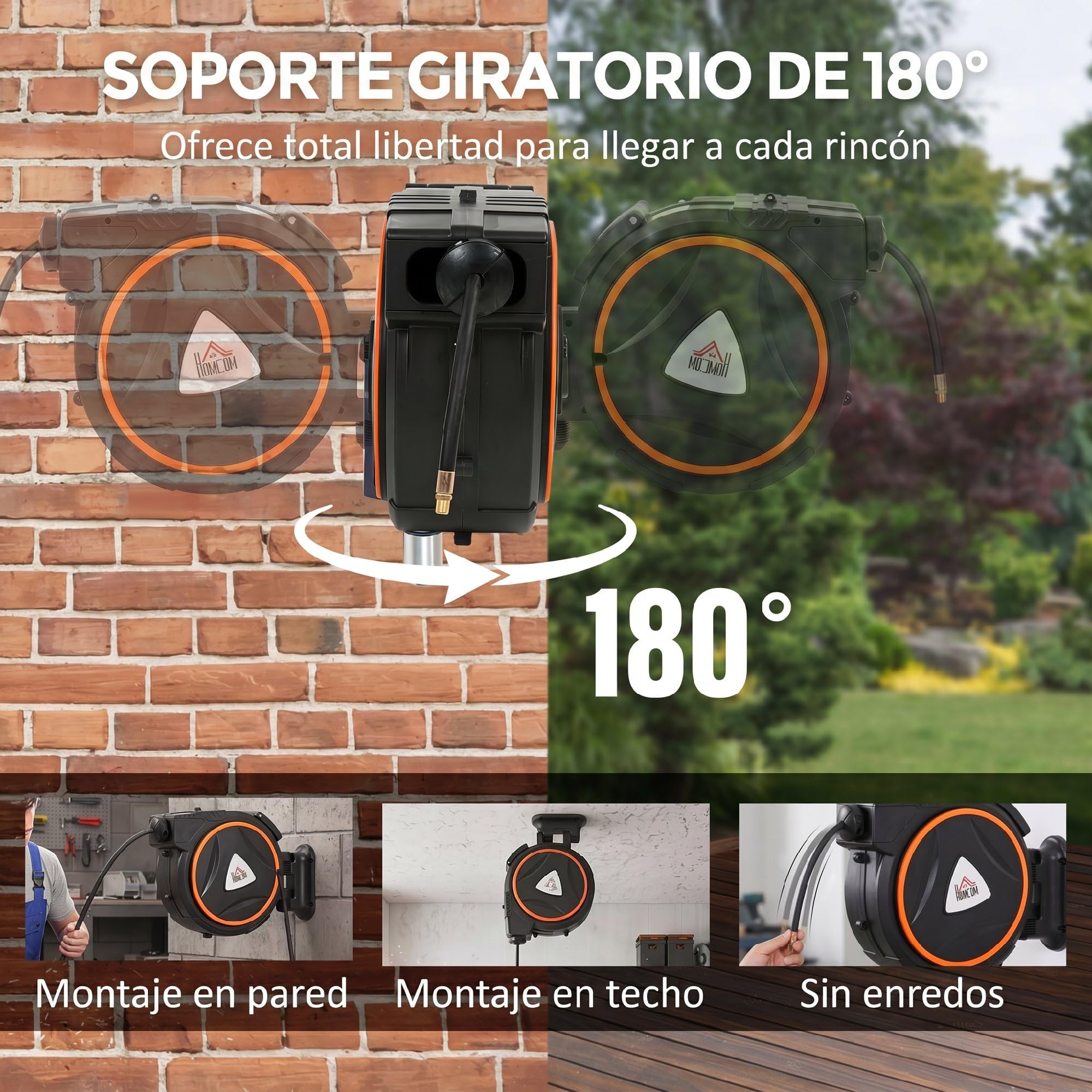 HOMCOM Carrete de Manguera de Aire Comprimido Automático de 20 m+2 m Negro | Conector de 1/4'' BSP, Manguera Compresor Aire, con Soporte para Pared Giratorio 180°
