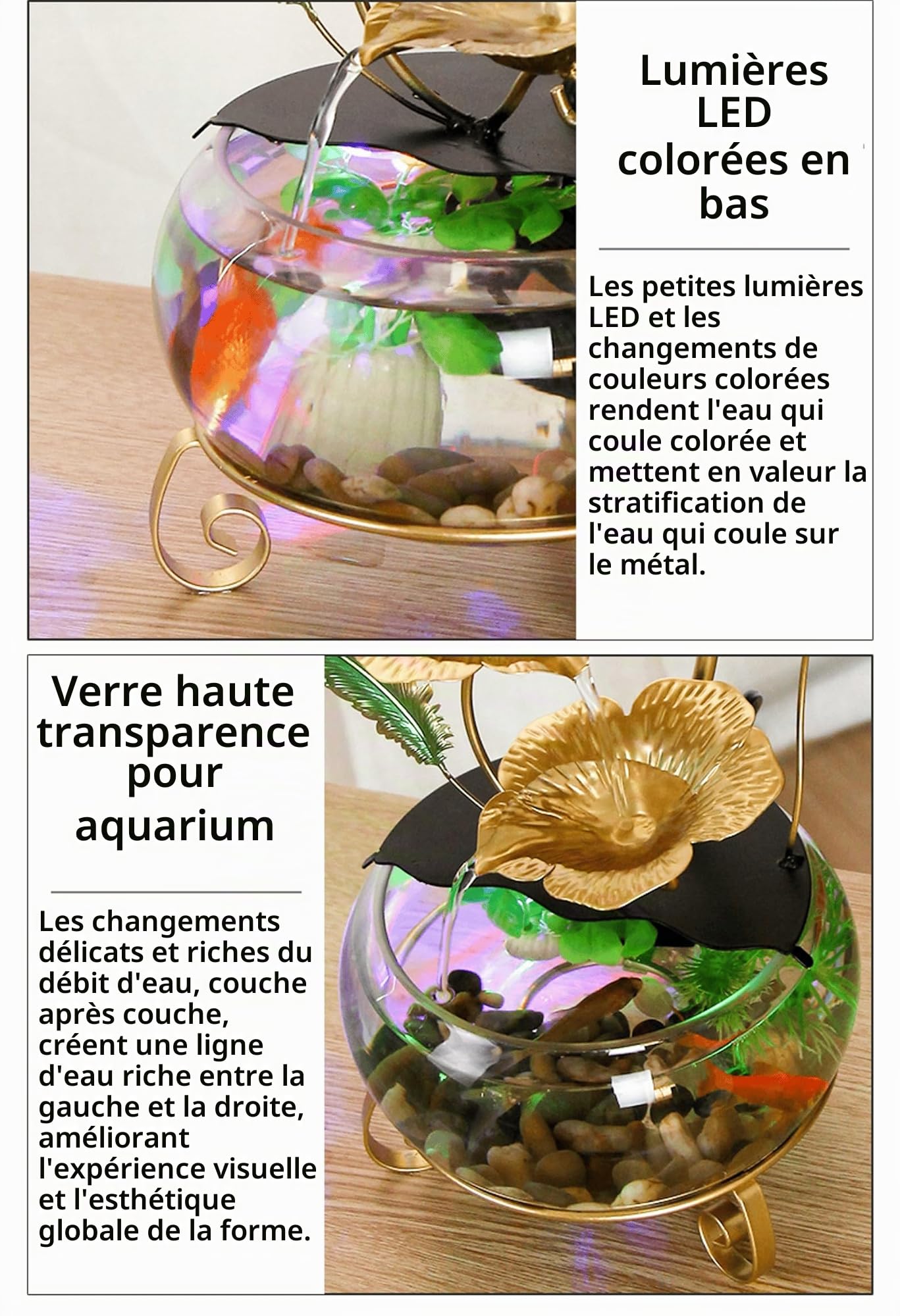 Fontaine à eau en forme de fleur de lotus dorée avec lumières LED et aquarium, décoration de table élégante pour la maison et le bureau, cascade intérieure relaxante pour ambiance de bureau
