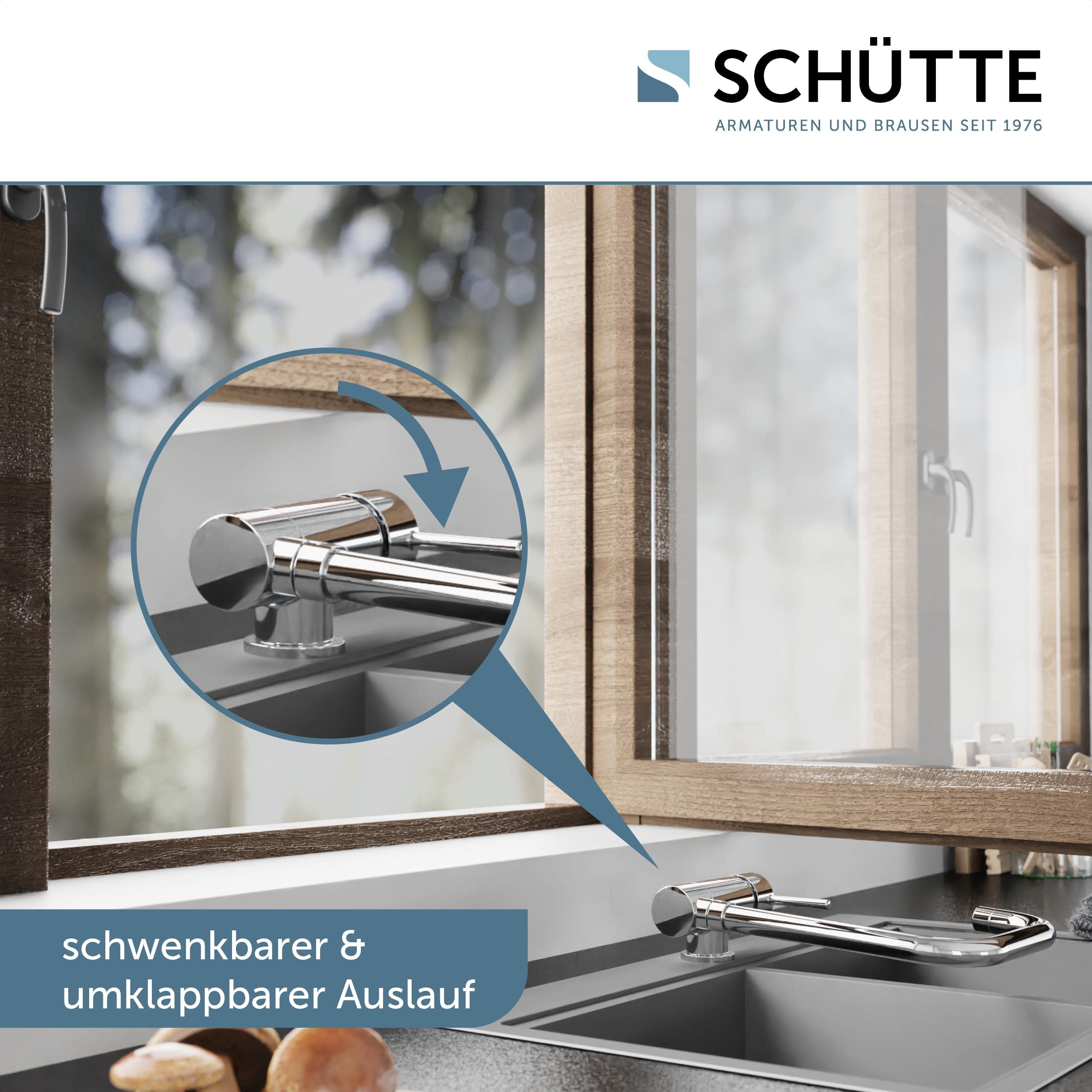 SCHÜTTE 24550 Küchenarmatur WINDOW, Wasserhahn Unterfenster, Spültischarmatur Vorfenster, Wasserhahn umklappbar 360° schwenkbar Einhebelmischer Fensterarmatur, Chrom