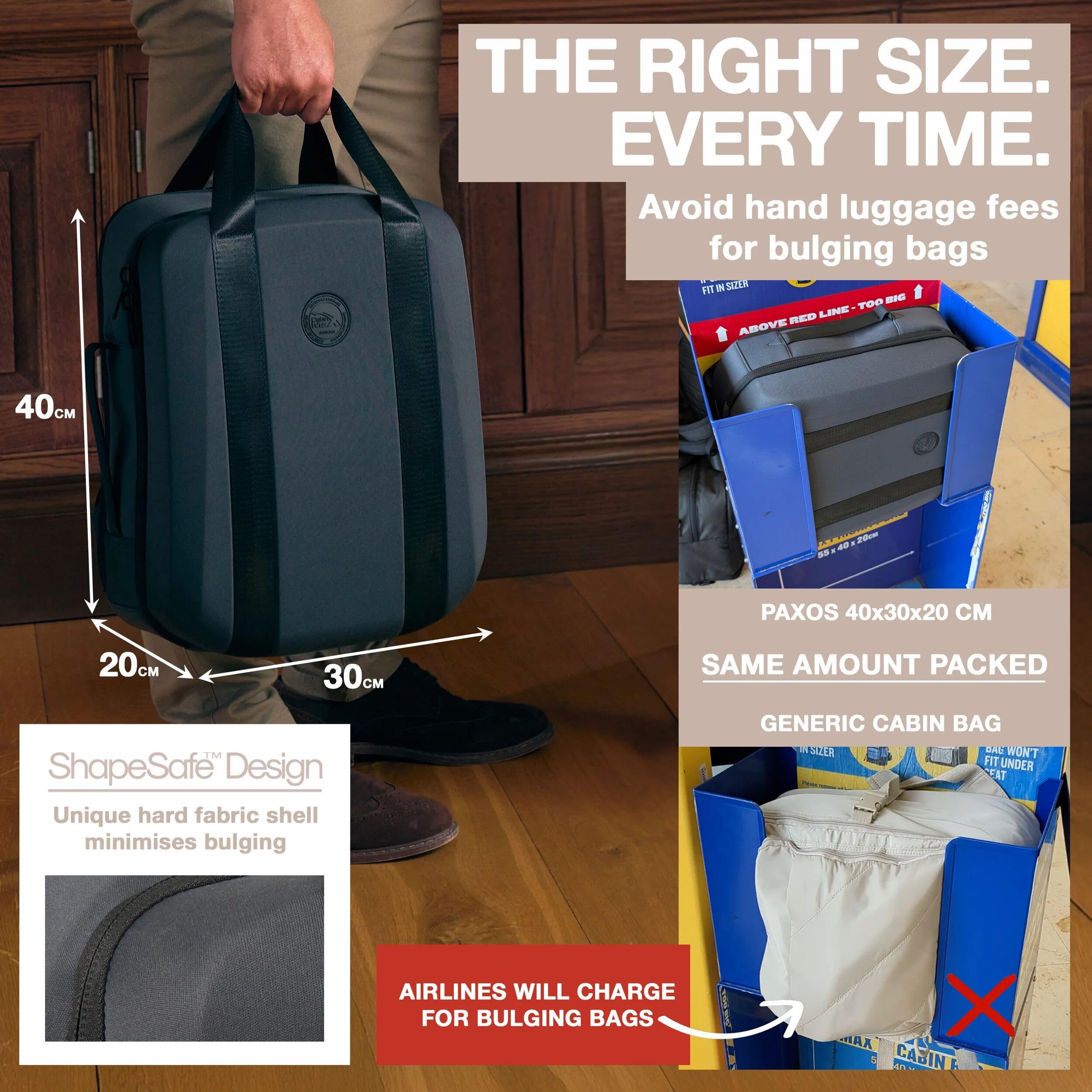 Cabin Max Paxos - Borsa da cabina sottosella da 24 l, 40 x 30 x 20 cm, ShapeSafe Anti-rigonfiamento EVA, leggera 680 g, trasporto senza Ryanair, apertura a conchiglia, Bp Grigio, (24L) UK, Bagaglio a
