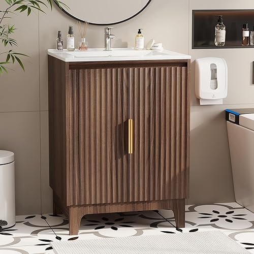 VINGLI Fluted Bathroom Vanity with Ceramic Sink, Bathroom Vanity Cabinet with 2 Doors, 24 Inch Restroom Sink Cabinet Combo, Mid-Century Modern Floor Storage Cupboard w/U Shape Shelf Walnut