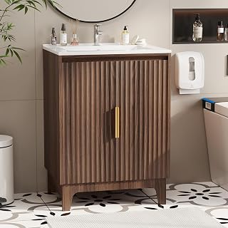 VINGLI Fluted Bathroom Vanity with Ceramic Sink, Bathroom Vanity Cabinet with 2 Doors, 24 Inch Restroom Sink Cabinet Combo, Mid-Century Modern Floor Storage Cupboard w/U Shape Shelf Walnut - Amazon product rated Grade A