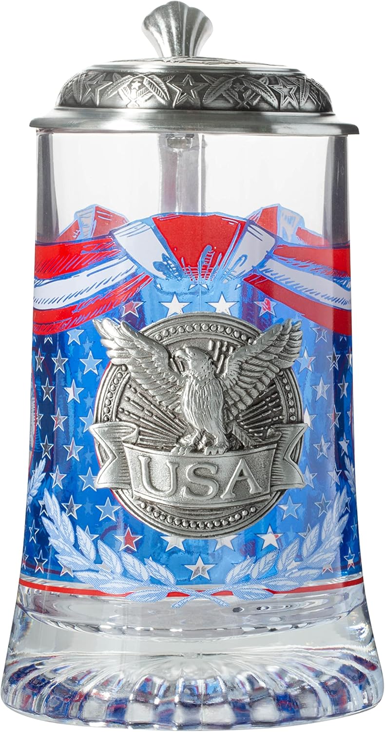 Artisan Owl USA Banner and Bald Eagle Metal Icon Glass Beer Stein with Metal Lid and Thumb Lift