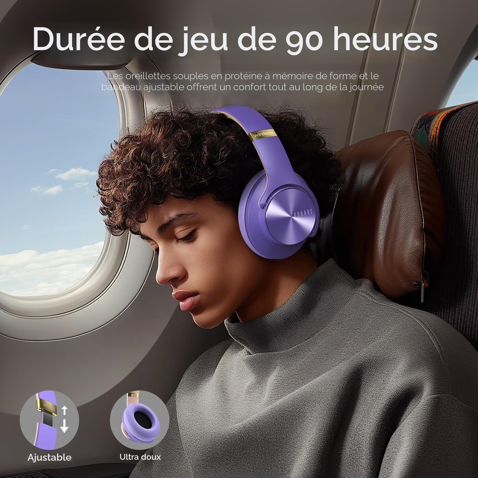 DOQAUS Casque Bluetooth sans Fil 90H Durée de Lecture,Casque Audio Bluetooth avec Microphone/3EQ,Wireless Headphones Pliable pour Ordinateurs/Téléphones Mobiles