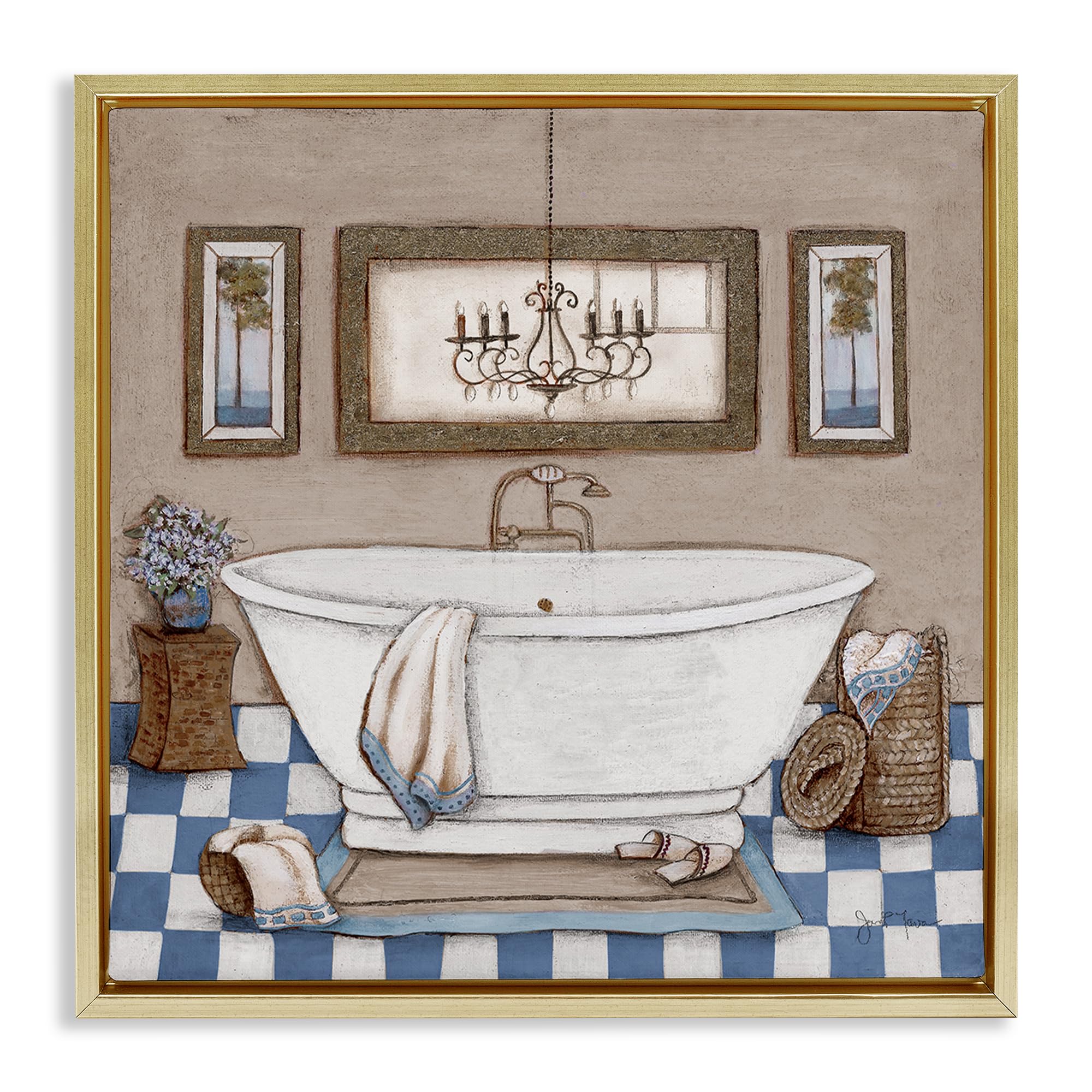 Stupell Industries Vintage Bathroom Chandelier Scene 'Checkered Bathroom & Chandelier', Floating Frame Canvas Art, Gold, 18 X 18 Inches, Easy To Hang And Sturdy, Made In Usa, By Janet Tava