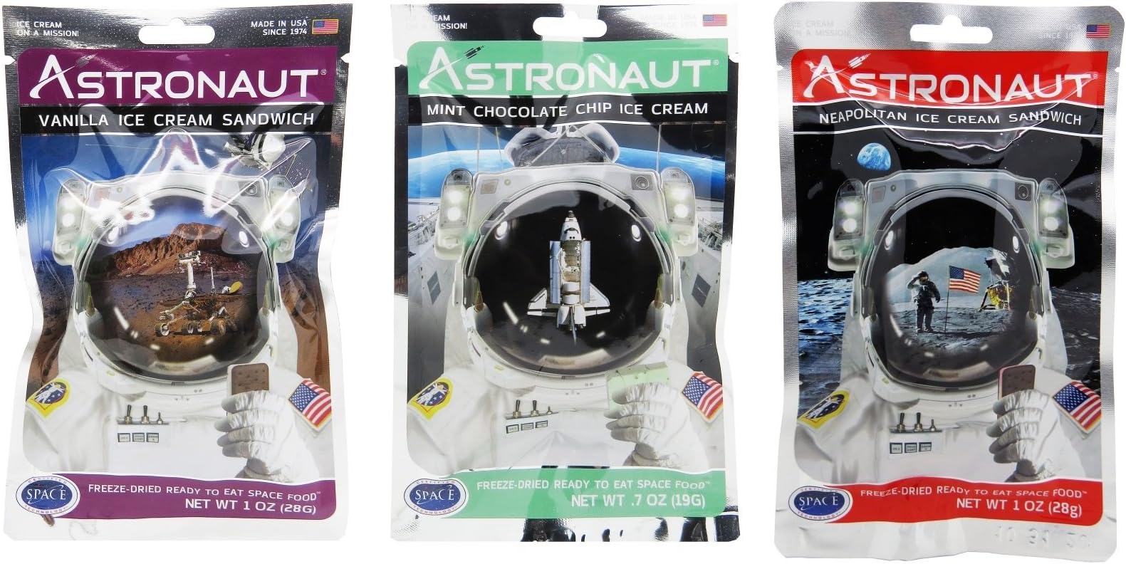 Astronaut Foods Freeze-Dried Ice Cream Sandwic 3 Flavor Variety Bundle, NASA Space Dessert | Ready To Eat Space Food Ice Cream | Neopolitan, Mint Chocolate Chip, & Vanilla Flavors (3 Pack,1 of Each Flavor)