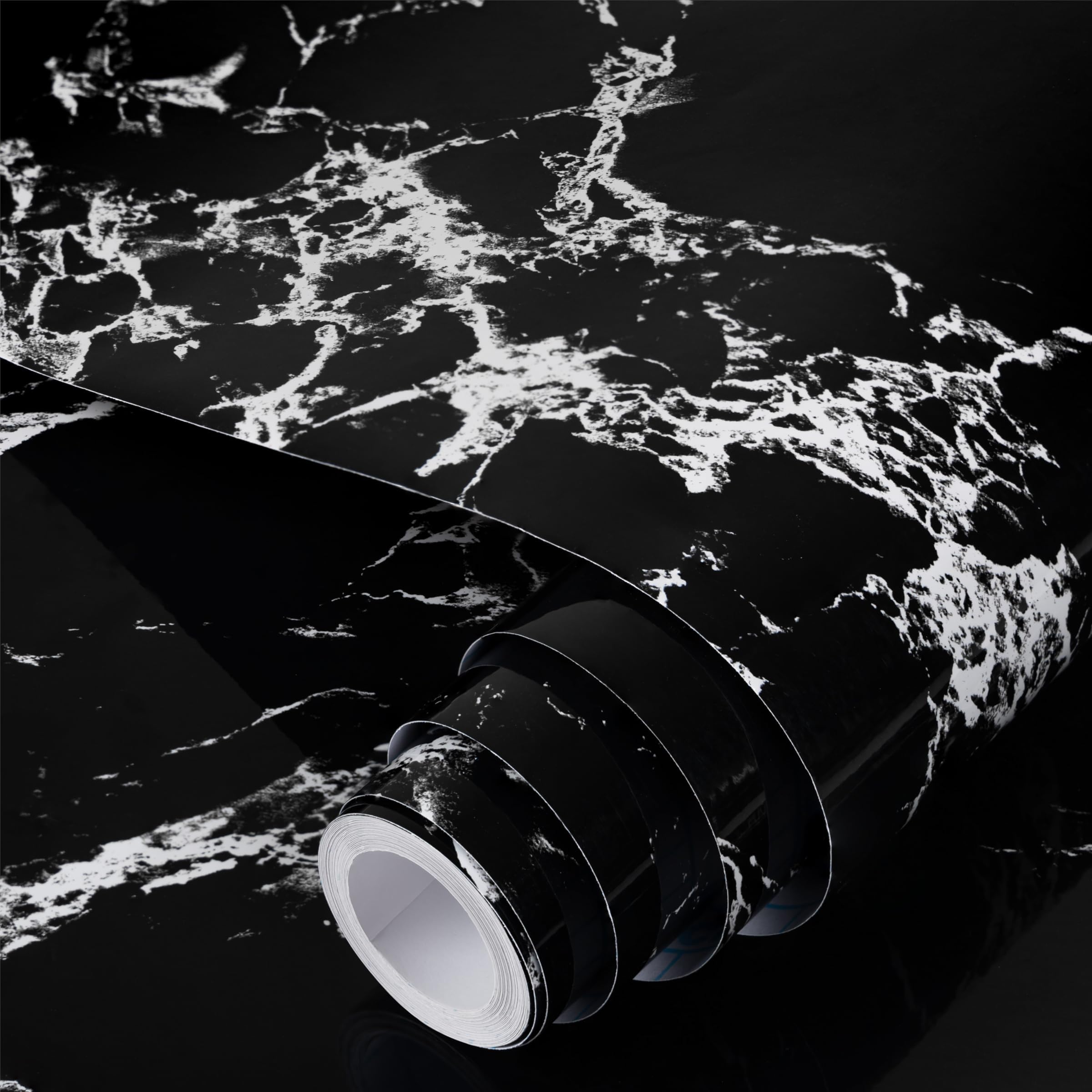 Fiula Black Grey Marble Peel and Stick Wallpaper, Glossy Self Adhesive Vinyl Wrap 44cm x 300cm, Waterproof Marble Effect Contact Paper for Kitchen Worktops, Cabinets & Furniture — image 1