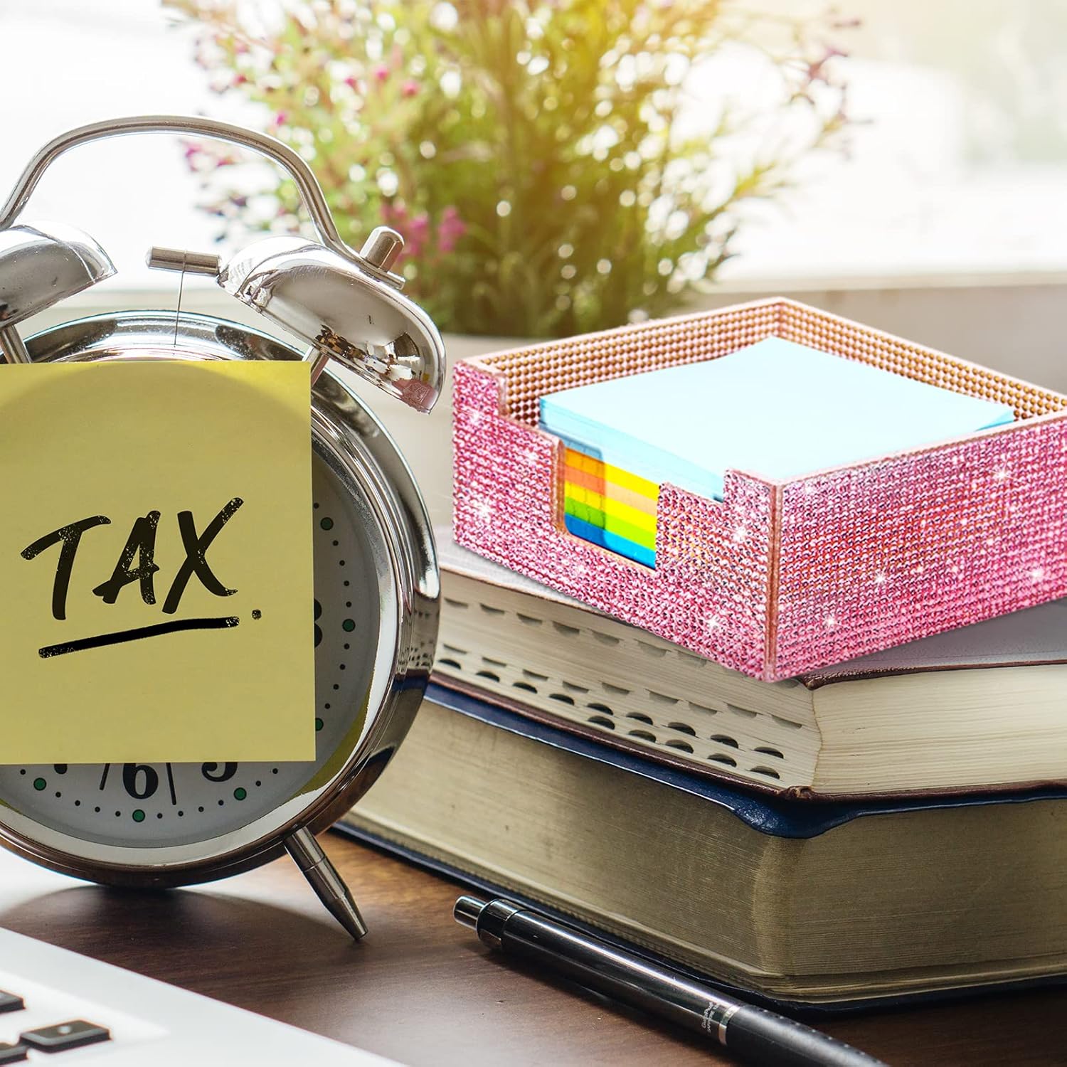 Weysat Rhinestone Self Sticky Notepad Holder 3.94 x 3.94 Inch Clear Acrylic Notes Holder Dispenser Memo Pad Holder Dispenser Modern Sticky Note Dispenser for Room Office Desk Organization (Pink) : Office Products