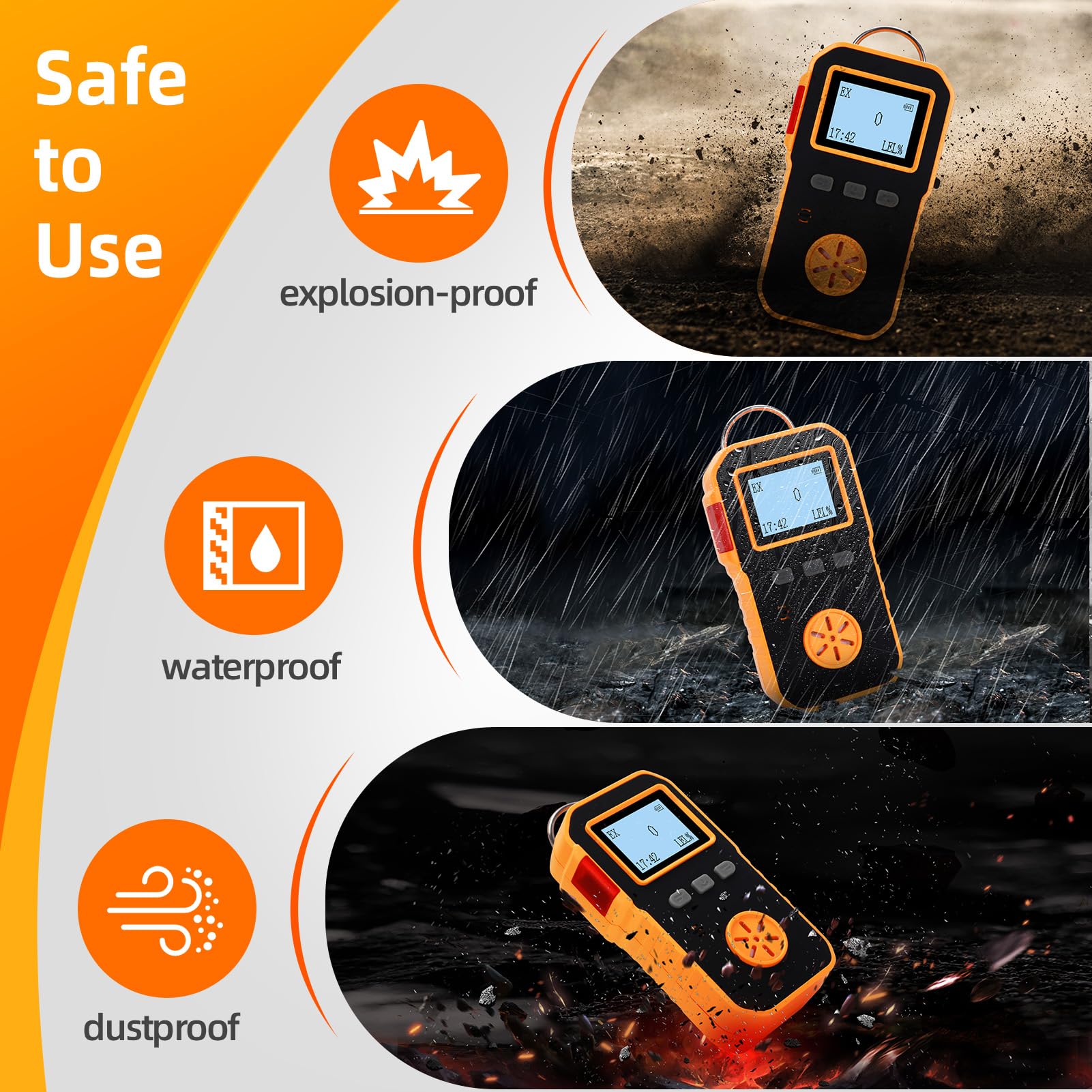 Detector de fugas de gas natural, monitor portátil con clip a propano combustible de metano explosivo, batería recargable de 14 horas en espera, medidor de alarma audible de vibración visual para el