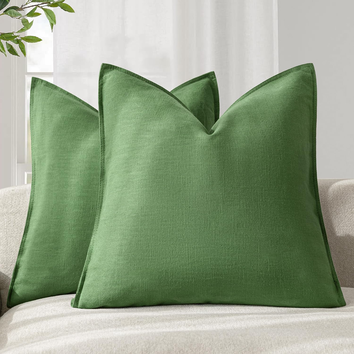 Foindtower Pack of 2, Decorative Linen Soild Throw Pillow Covers Soft Accent Euro Cushion Case Boho Farmhouse Pillowcase for Chair Couch Sofa Bedroom Living Room Home Decor 22 x 22 Inch Forest Green — image 1