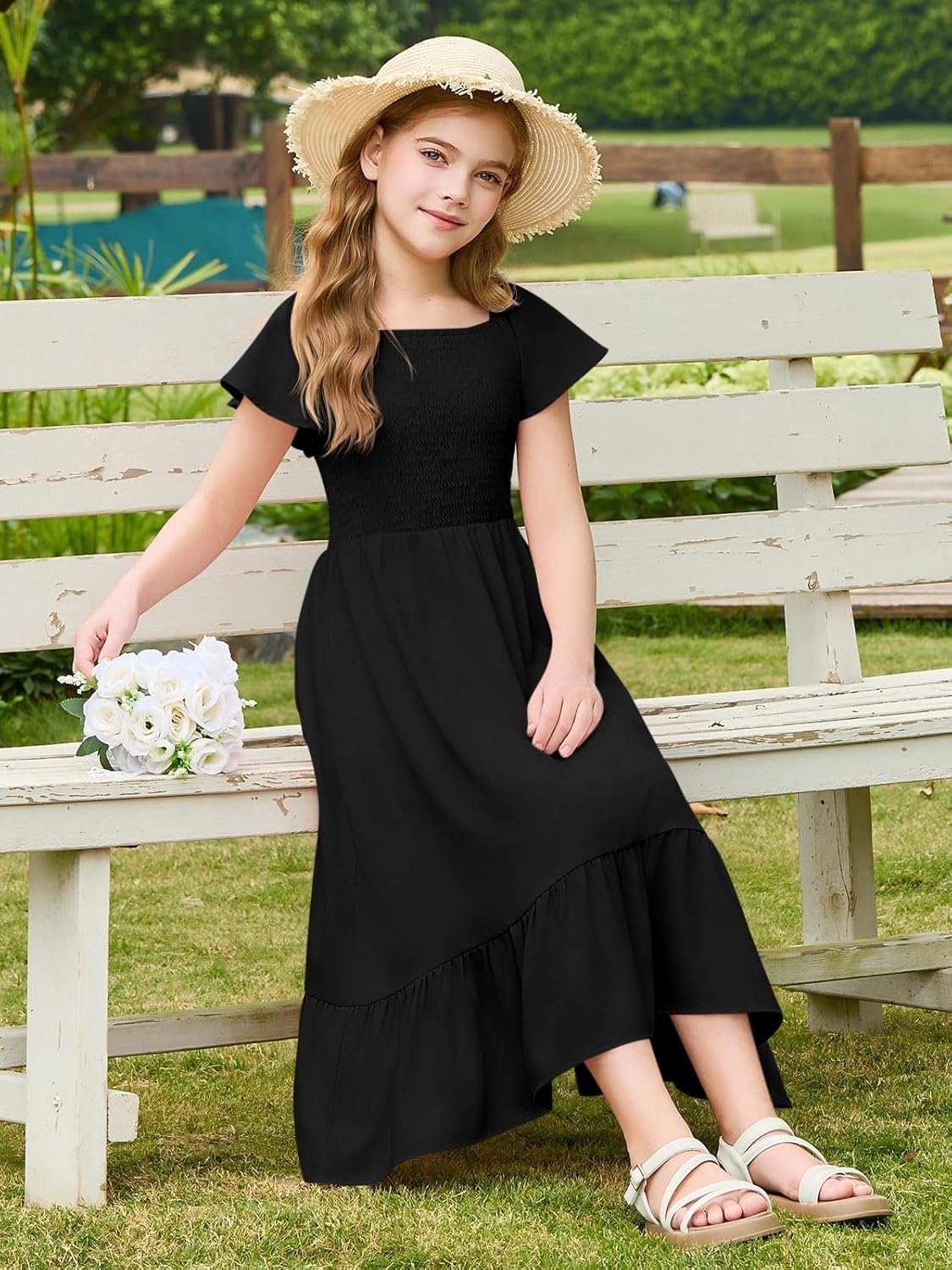 Haloumoning Girls Summer Dresses Kids Square Neck Ruffle Sleeve Smocked Midi Dress with Pockets 5-14 Years - Image 5