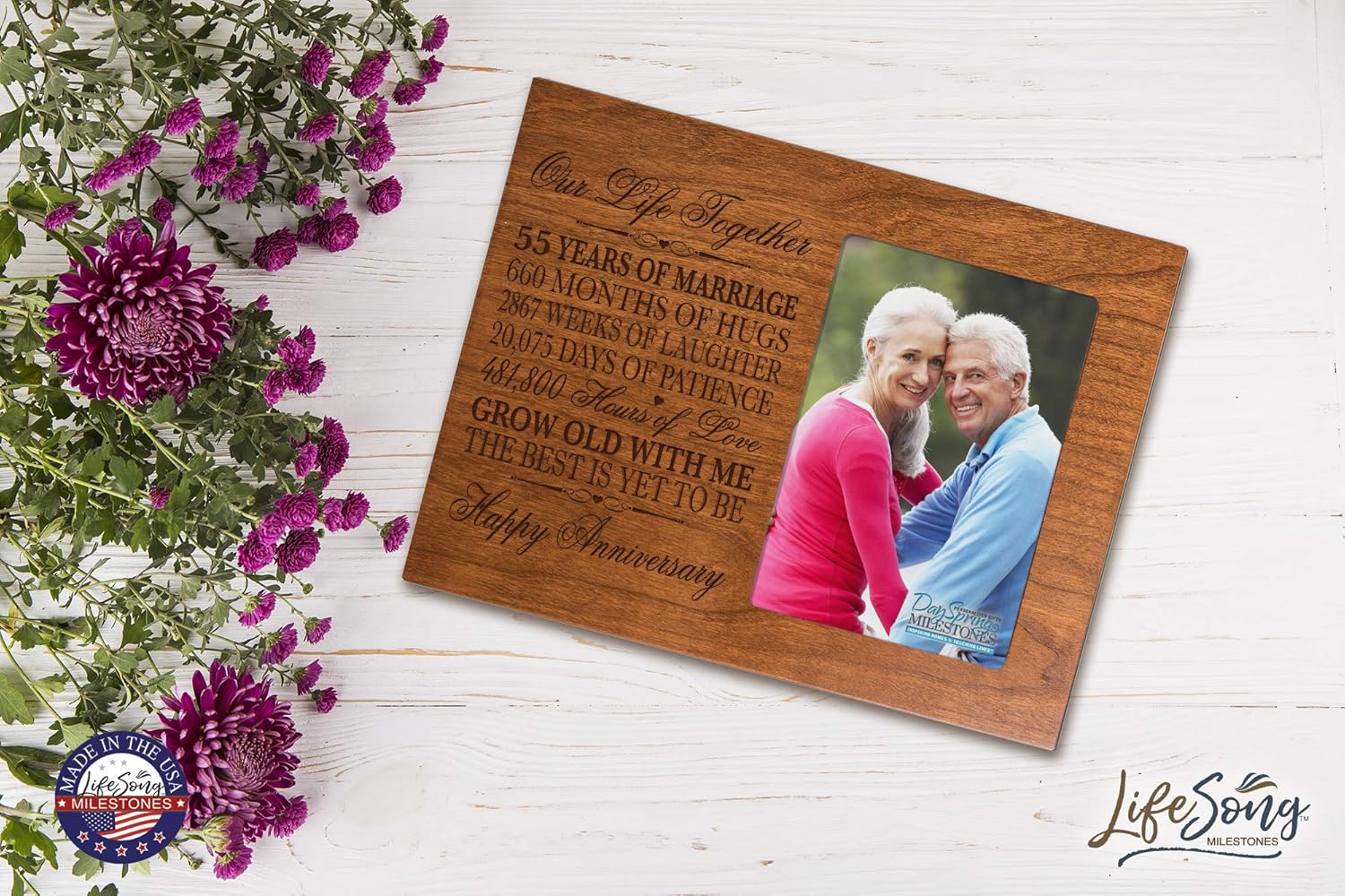 LifeSong Milestones 55th Year Wedding for Couple Custom Engraved 55th Wedding Frame Holds 1 4x6 Photo 8" H X 10" W (Cherry)