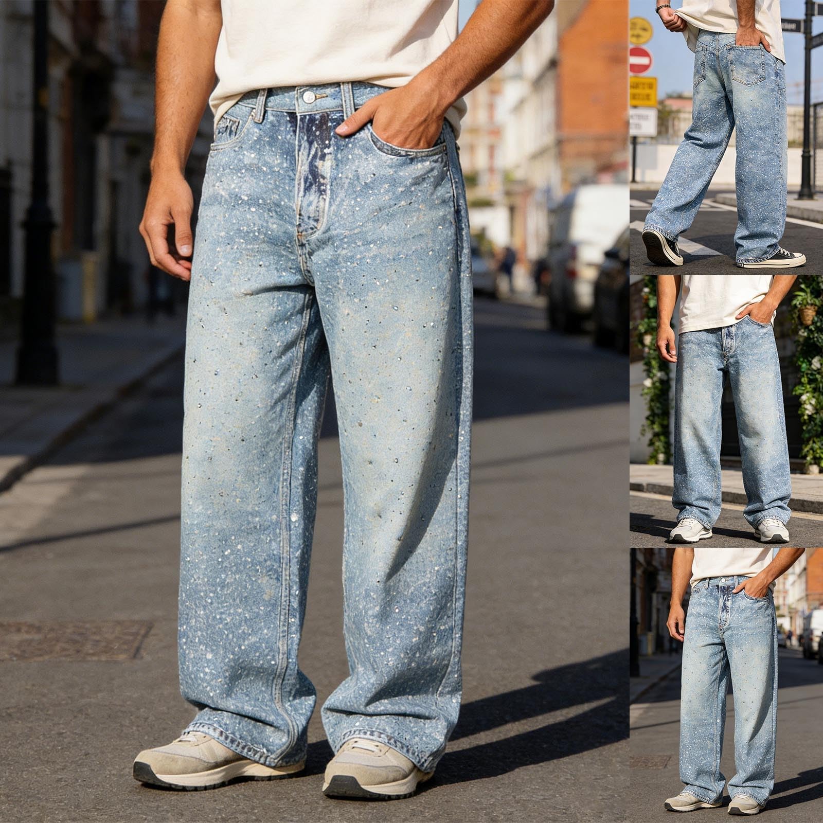 Jeans da uomo High Street con strass e paillettes, per il tempo libero, stile Y2K, casual, comodi, in denim, larghi e dritti, stile hip hop, streetwear