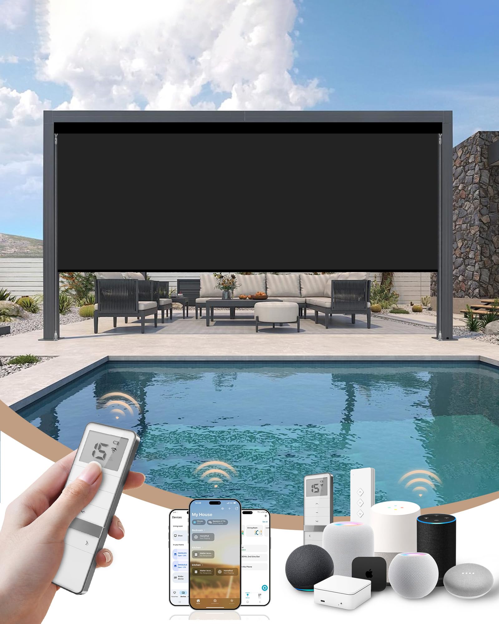 Kincmo Motorized Outdoor Shades for Patio Porch, Custom Outdoor Motorized Blinds with Remote, Waterproof &amp; Windproof Patio Shades Work with Apple Home,Alexa,Google (0% Openness Black)